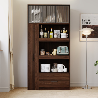 71" Kitchen Pantry Cabinet w/ Pull-Out Storage Shelves, Drawer & Microwave Stand