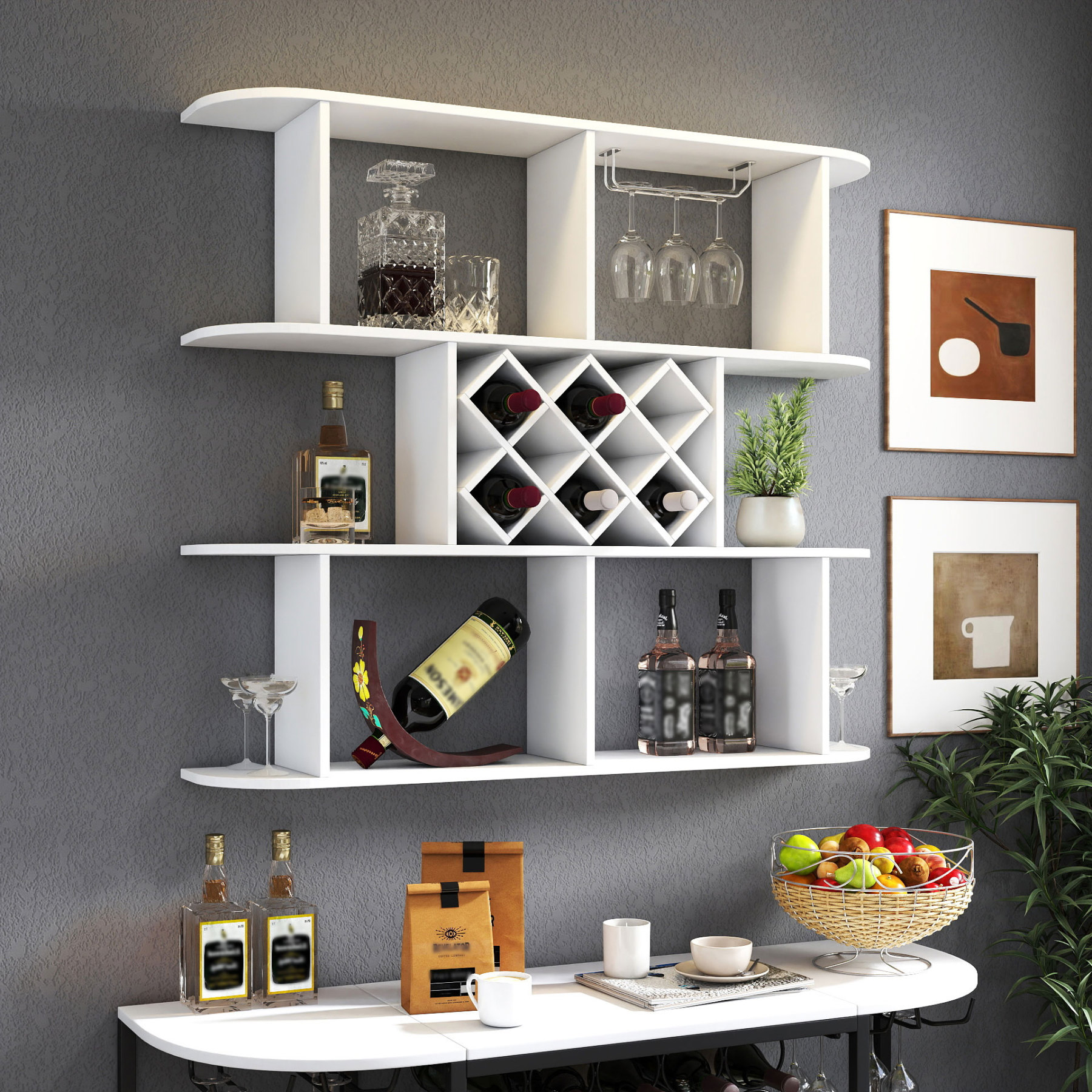 3-Tier Wall-Mounted Wine Rack w/ Glass Holder for Dining Room & Home Bar