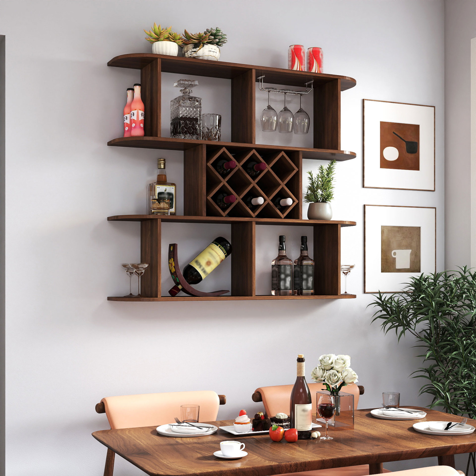 3-Tier Wall-Mounted Wine Rack w/ Glass Holder for Dining Room & Home Bar