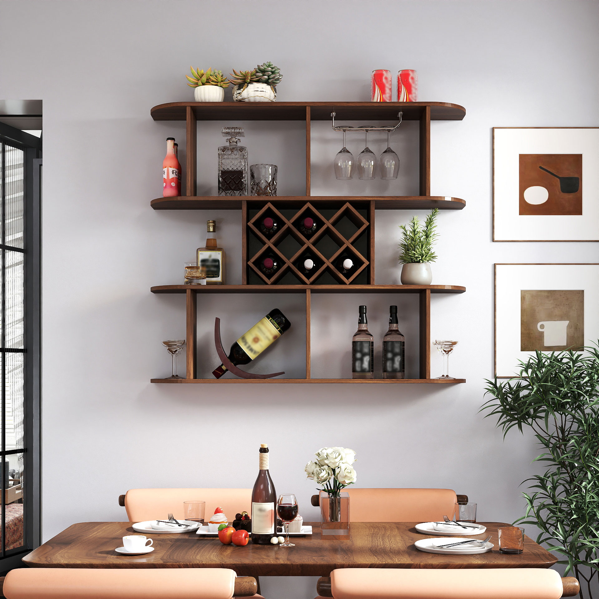 3-Tier Wall-Mounted Wine Rack w/ Glass Holder for Dining Room & Home Bar