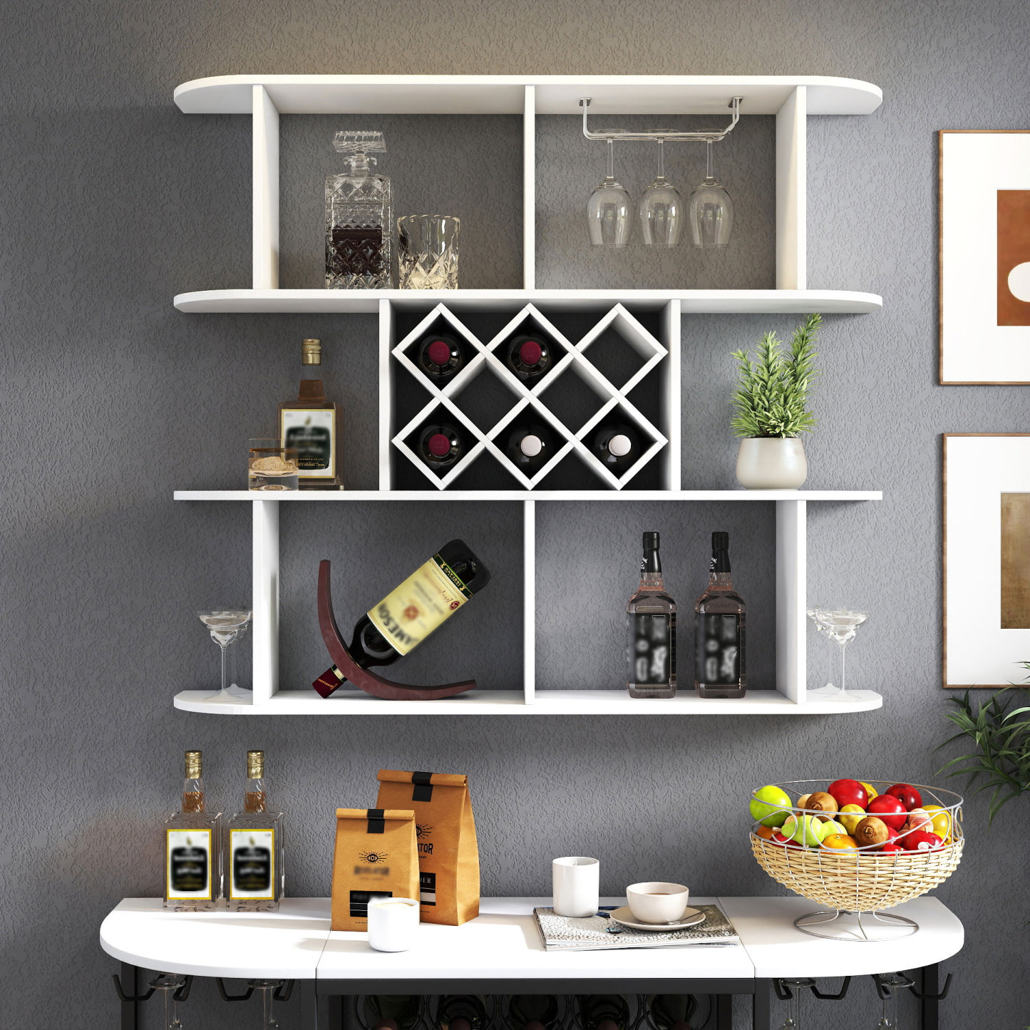 3-Tier Wall-Mounted Wine Rack w/ Glass Holder for Dining Room & Home Bar