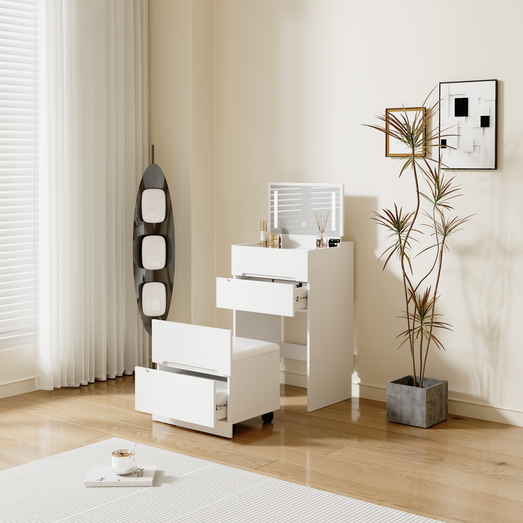 3 in 1 Convertible Makeup Vanity Set w/ Drawers, Glass Tabletop, Flip-Up Mirror | Space-Saving