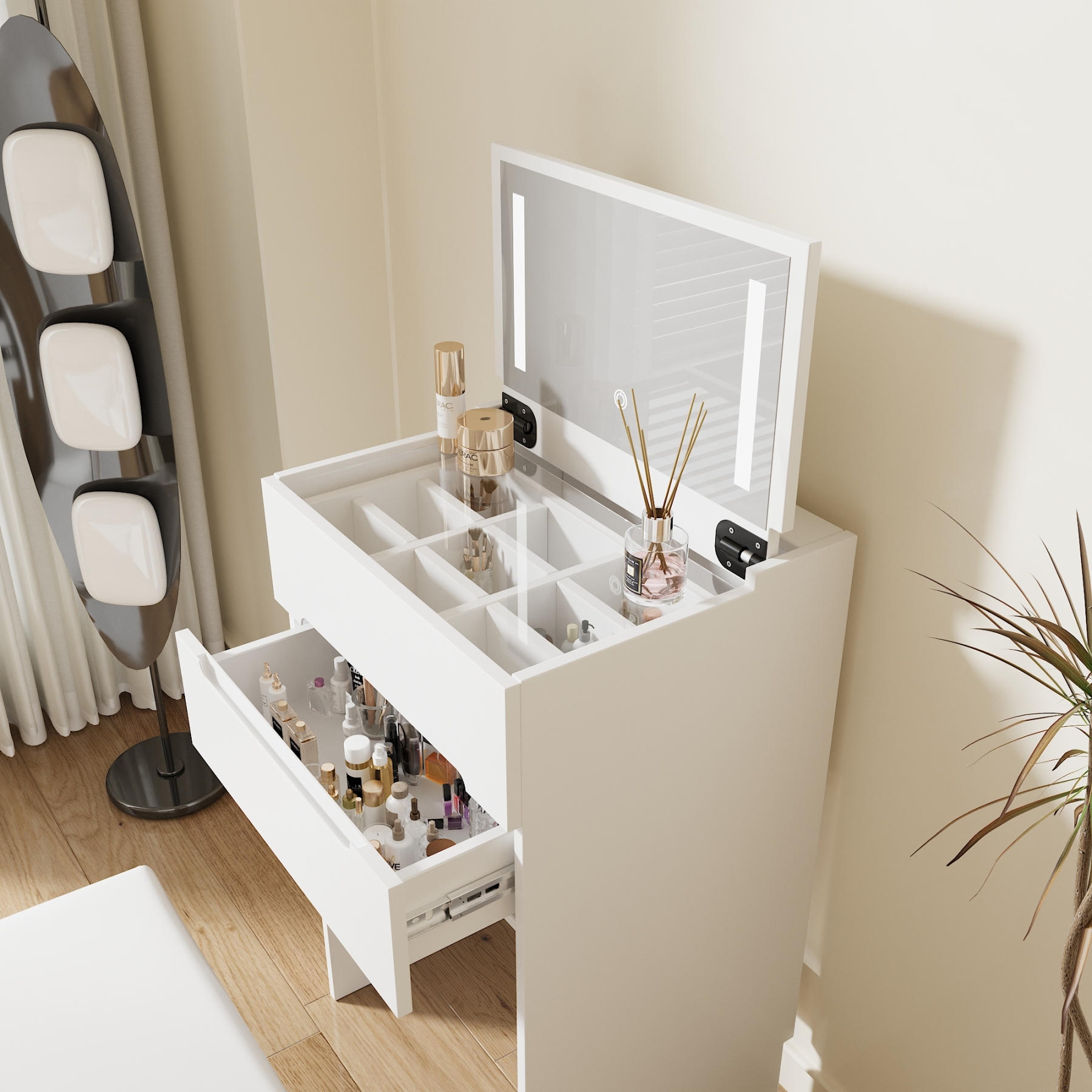 3 in 1 Convertible Makeup Vanity Set w/ Drawers, Glass Tabletop, Flip-Up Mirror | Space-Saving