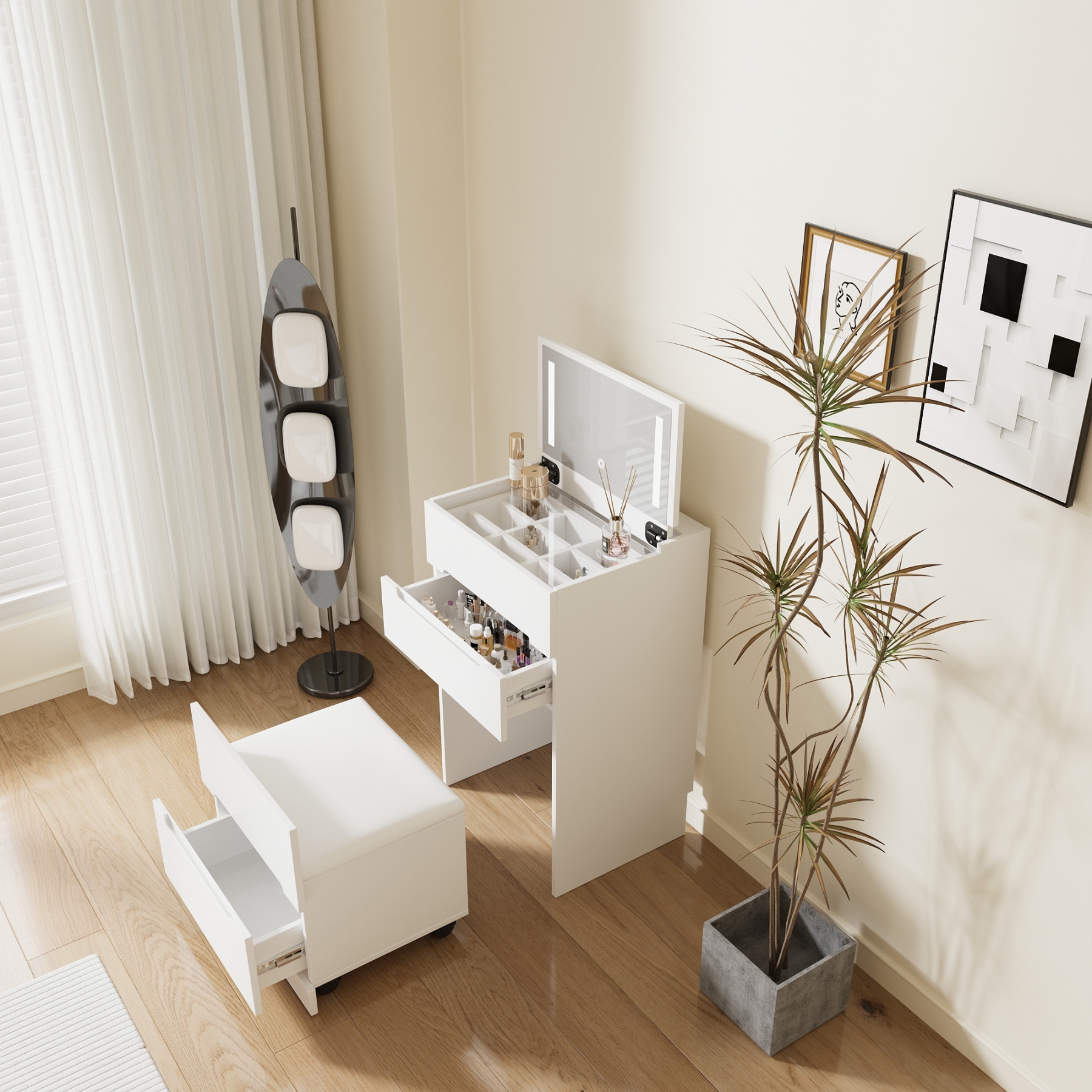 3 in 1 Convertible Makeup Vanity Set w/ Drawers, Glass Tabletop, Flip-Up Mirror | Space-Saving