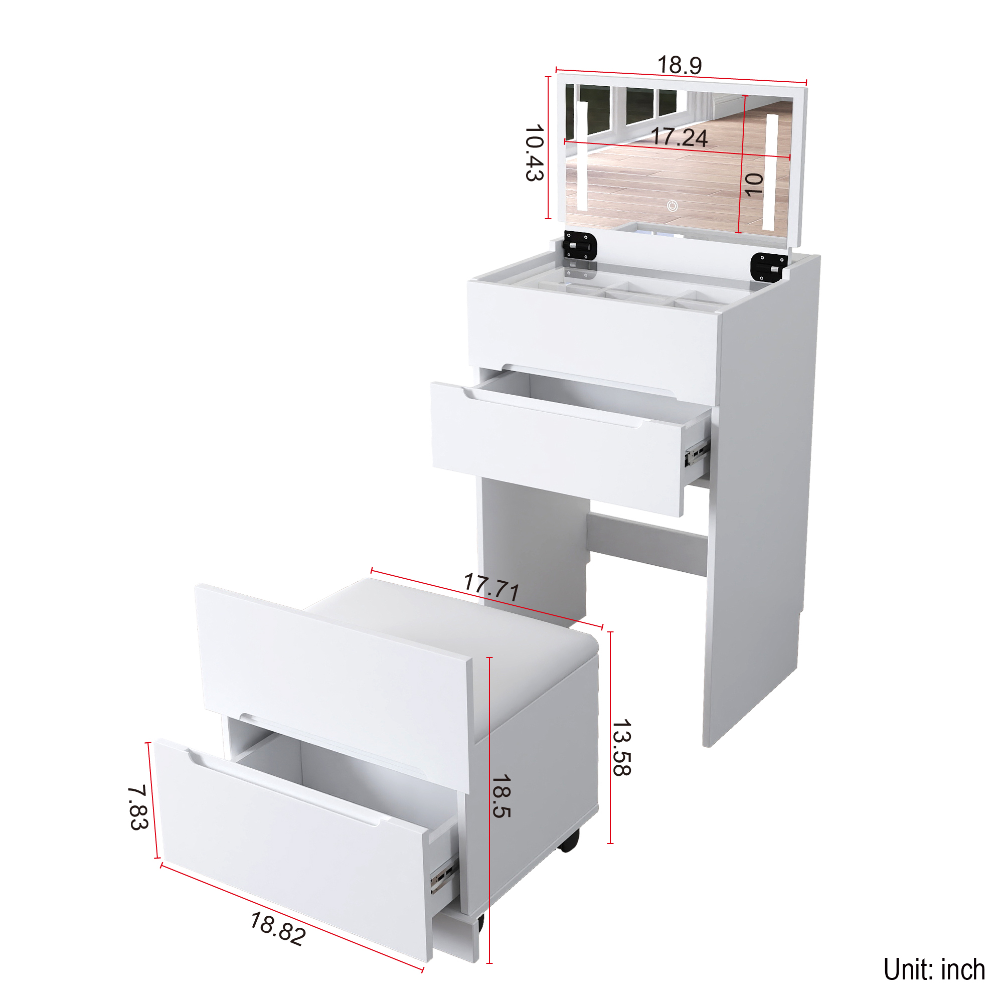 3 in 1 Makeup Vanity Set w/ Drawers, Glass Tabletop & Flip-Up Mirror | Cushioned Stool