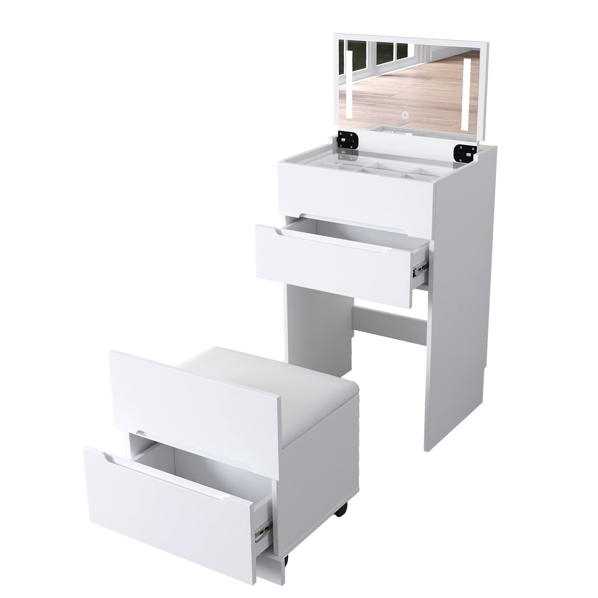 3 in 1 Makeup Vanity Set w/ Drawers, Glass Tabletop & Flip-Up Mirror | Cushioned Stool