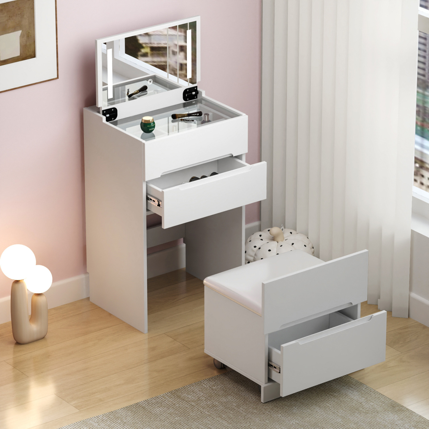 3 in 1 Makeup Vanity Set w/ Drawers, Glass Tabletop & Flip-Up Mirror | Cushioned Stool