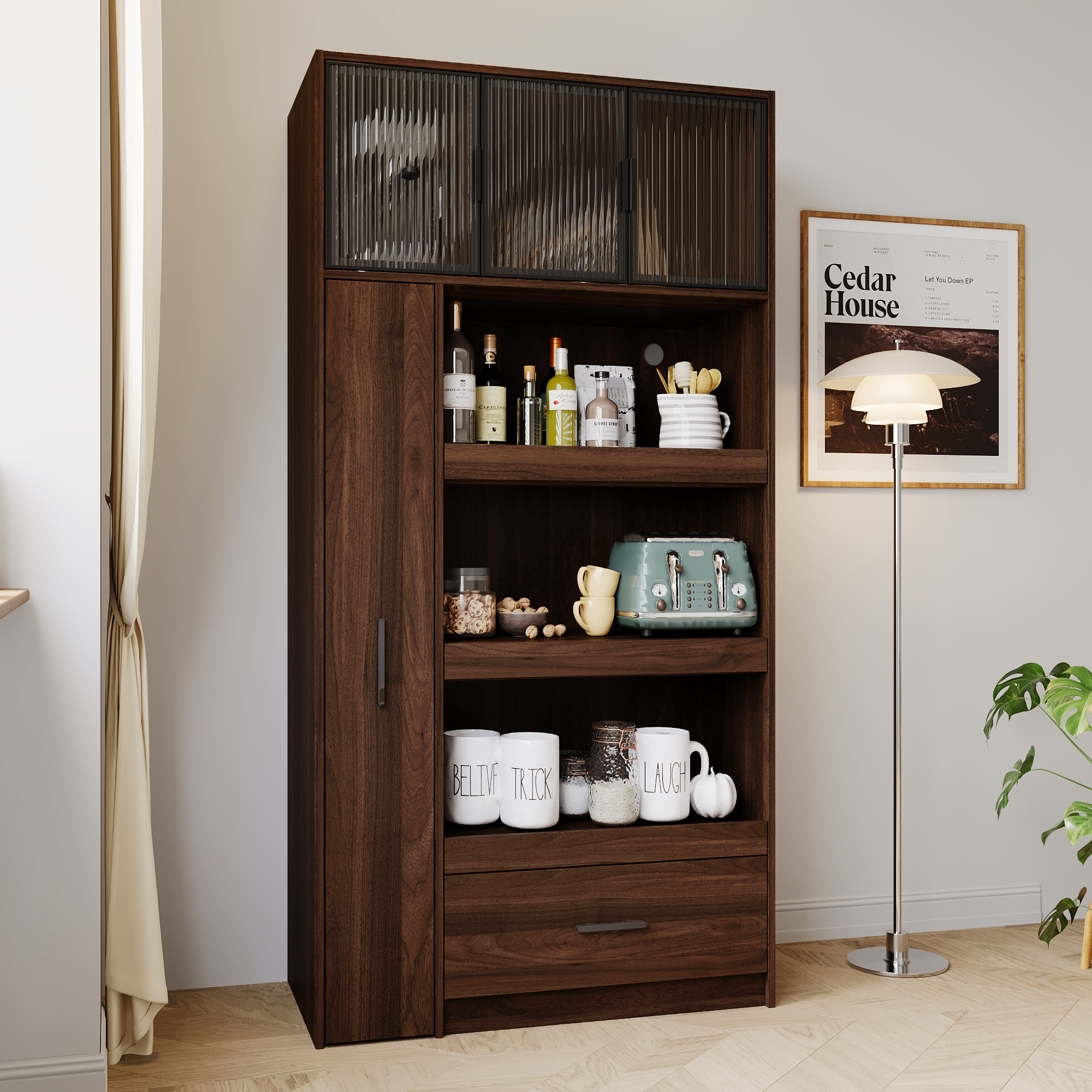 71" Kitchen Pantry Cabinet w/ Pull-Out Storage Shelves, Drawer & Microwave Stand