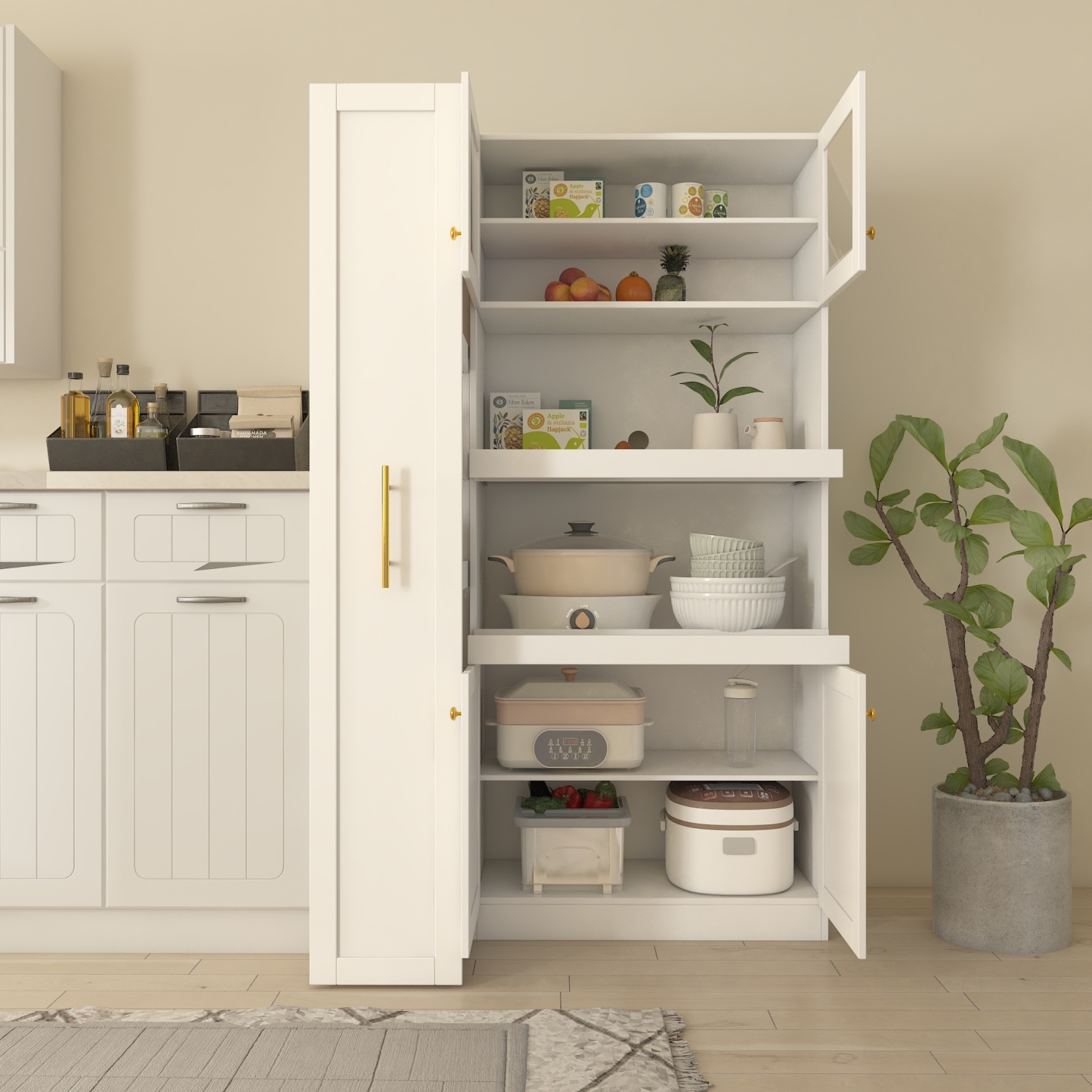71" Tall Kitchen Pantry Cabinet with Pull Out Shelves and Glass Doors | Multifunctional