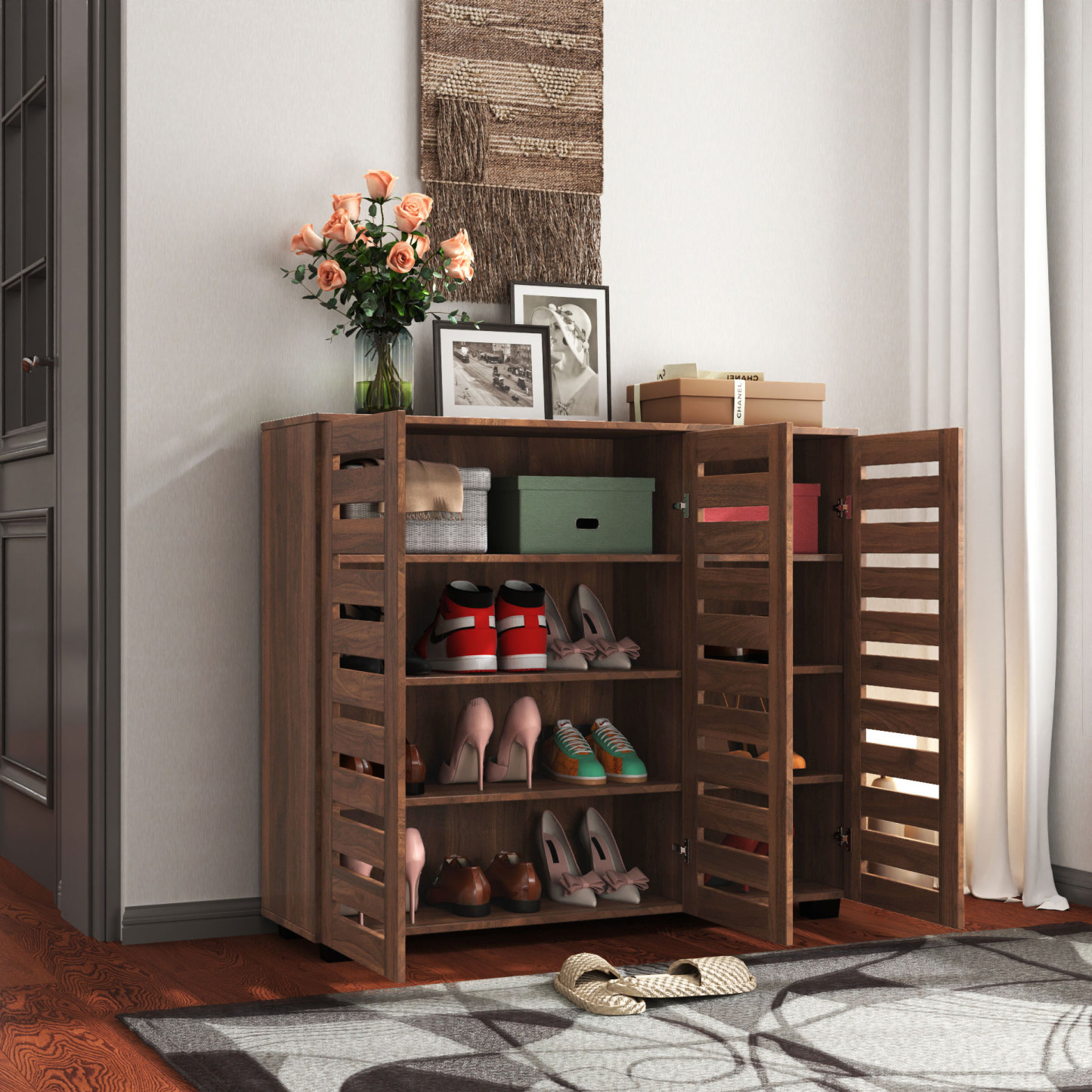 4-Tier Shoe Cabinet with Slat Doors for Entryway, Hallway & Closet