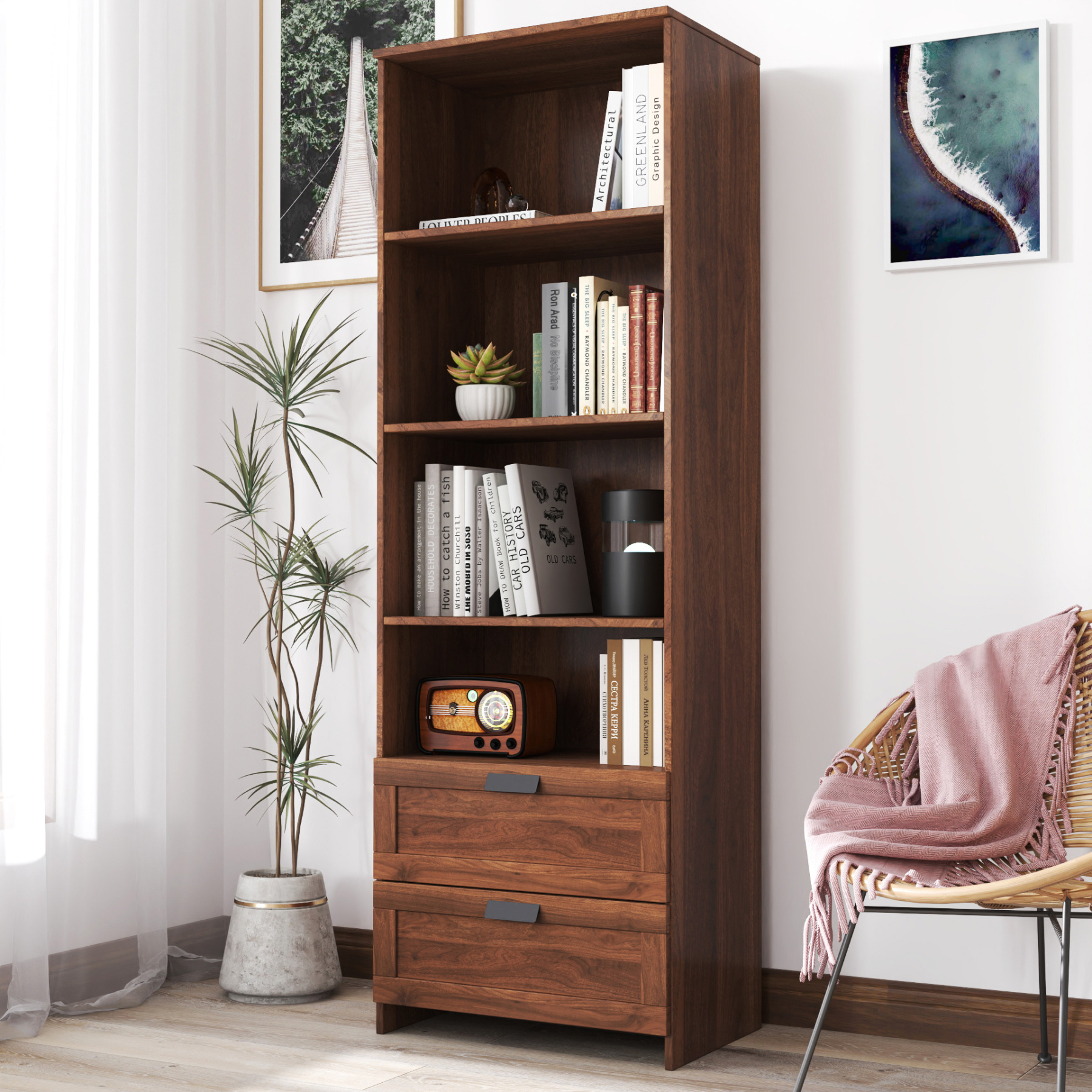 4-Tier Wood Bookcase w/ Drawers for Home Office, Living Room & Study | 71" Tall