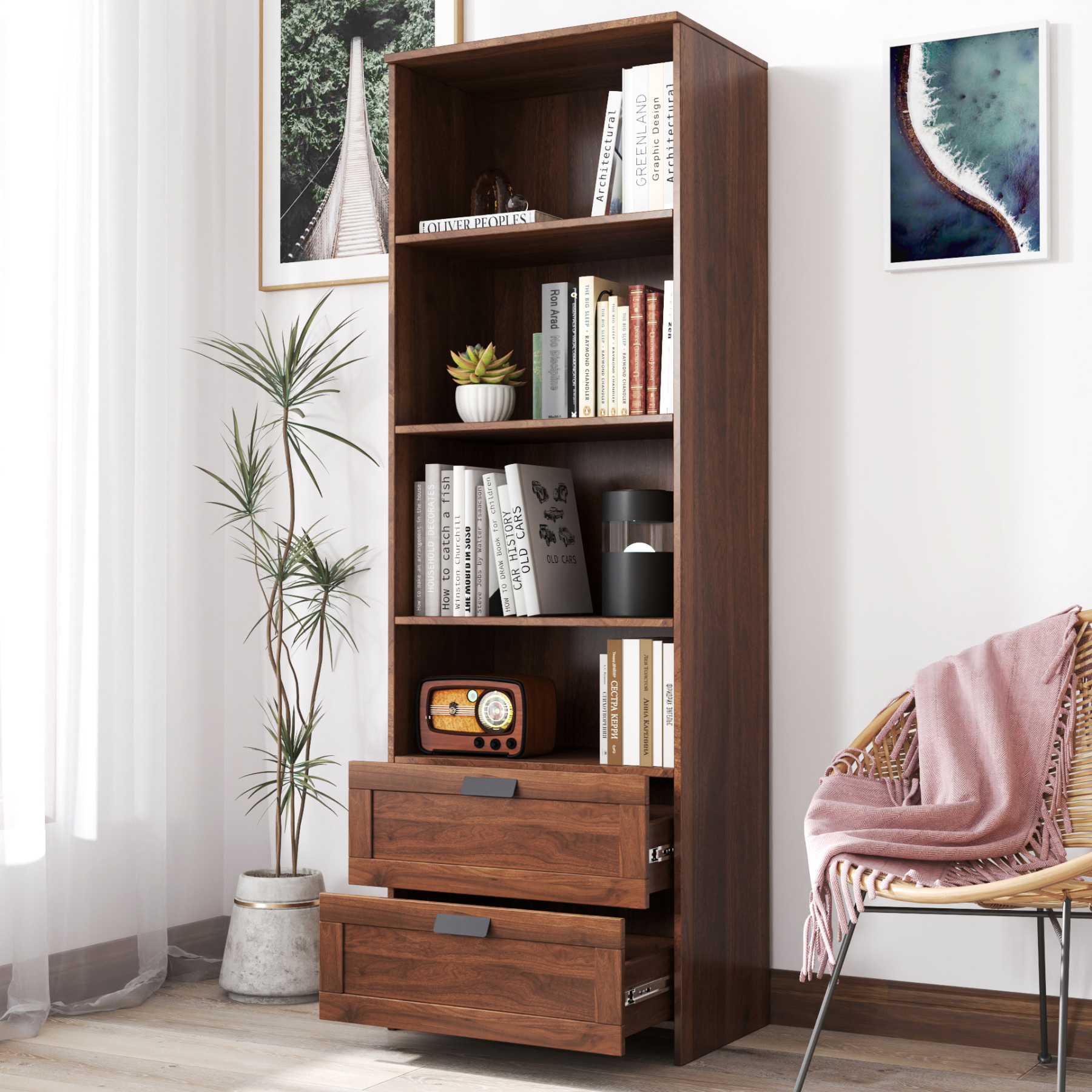4-Tier Wood Bookcase w/ Drawers for Home Office, Living Room & Study | 71" Tall