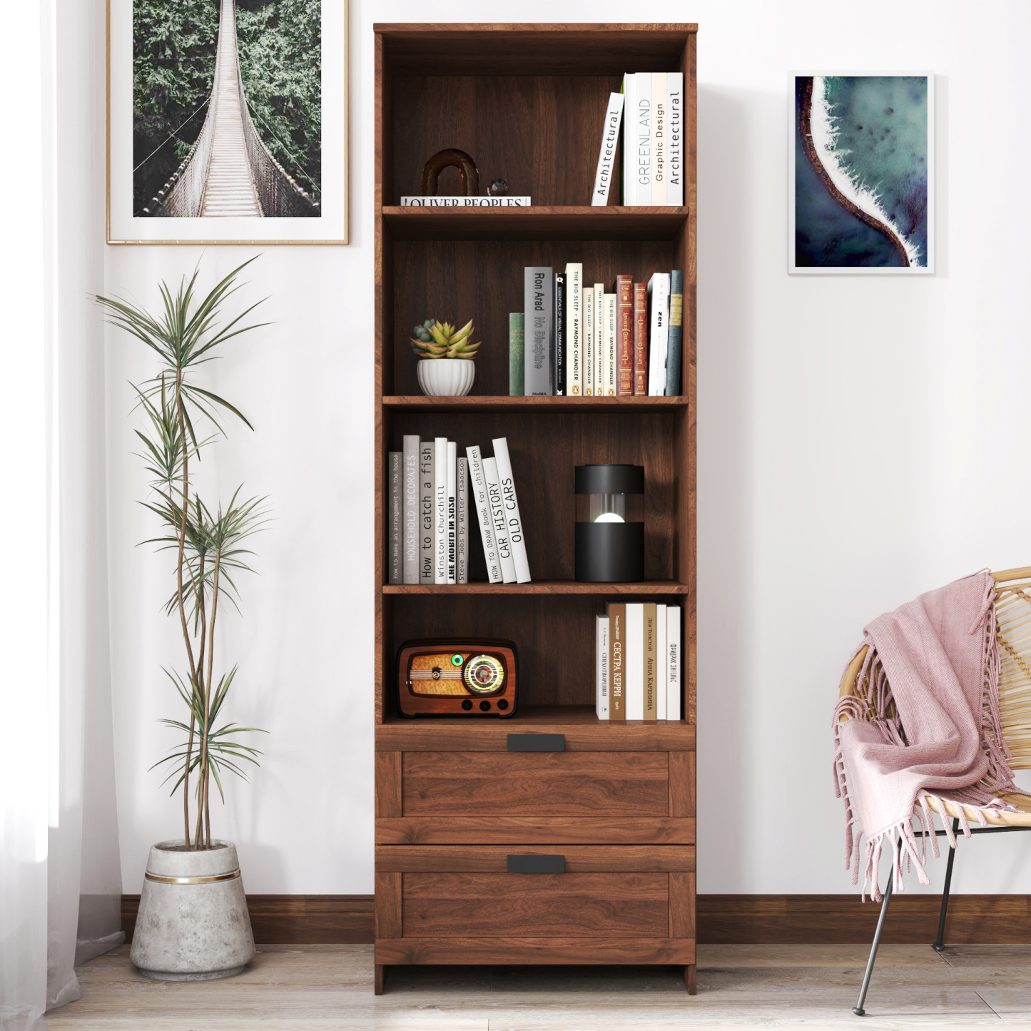 4-Tier Wood Bookcase w/ Drawers for Home Office, Living Room & Study | 71" Tall