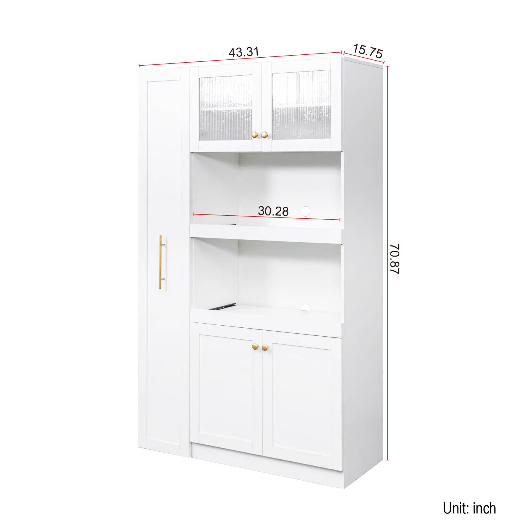 43"W Kitchen Pantry with Pull Out Shelves and Glass Doors, White
