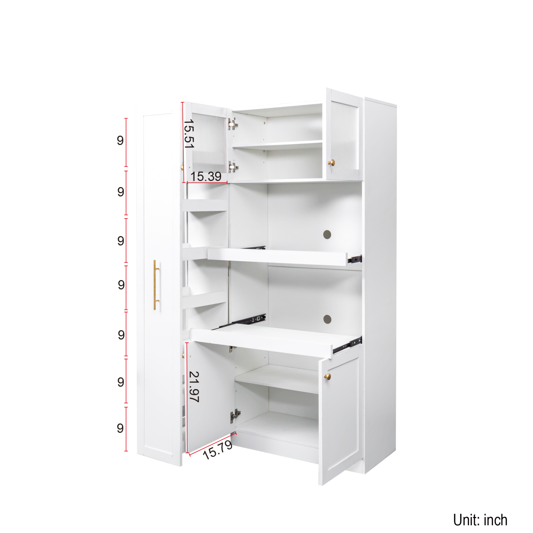 43"W Kitchen Pantry with Pull Out Shelves and Glass Doors, White