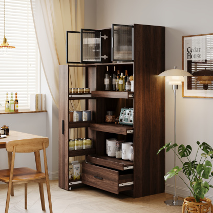 71" Kitchen Pantry Cabinet w/ Pull-Out Storage Shelves, Drawer & Microwave Stand