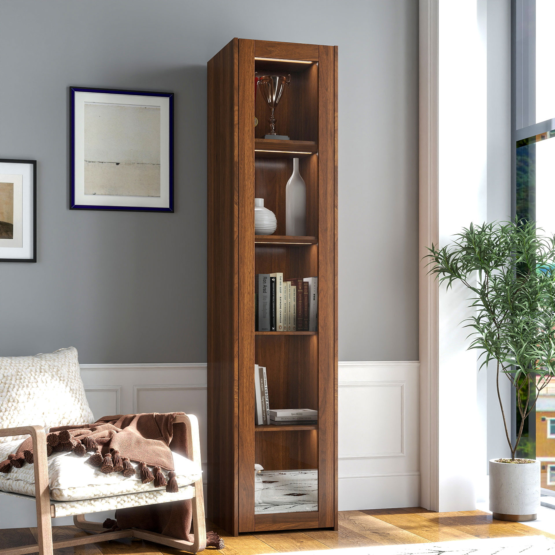 5-Shelf Tall Display Cabinet w/ Glass Door & LED Lights | Curio Storage Cabinet