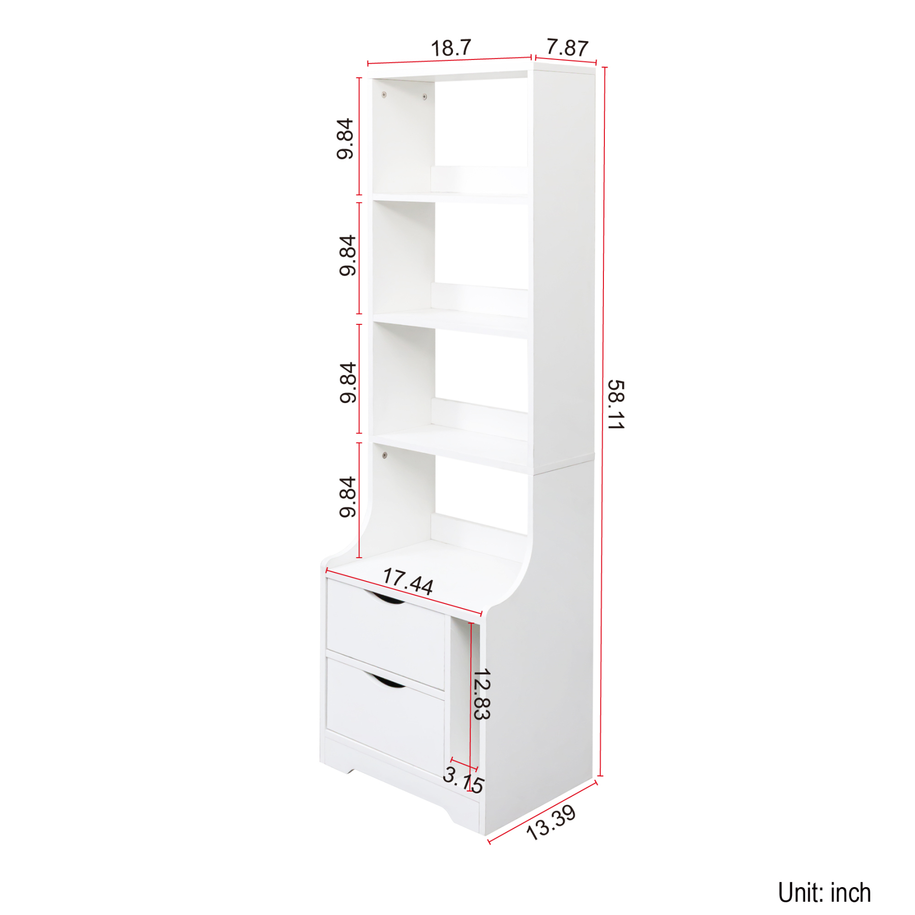 5-Tier Slim Bookshelf with 2 Drawers for Bedroom or Home Office | White Night Stand