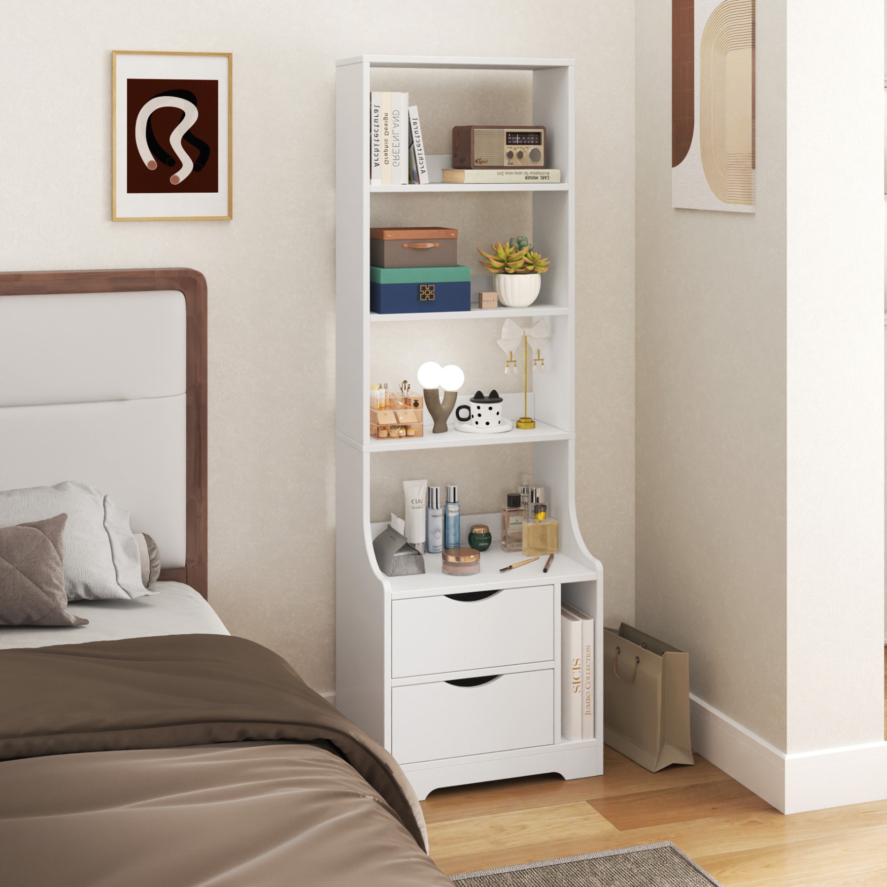 5-Tier Slim Bookshelf with 2 Drawers for Bedroom or Home Office | White Night Stand