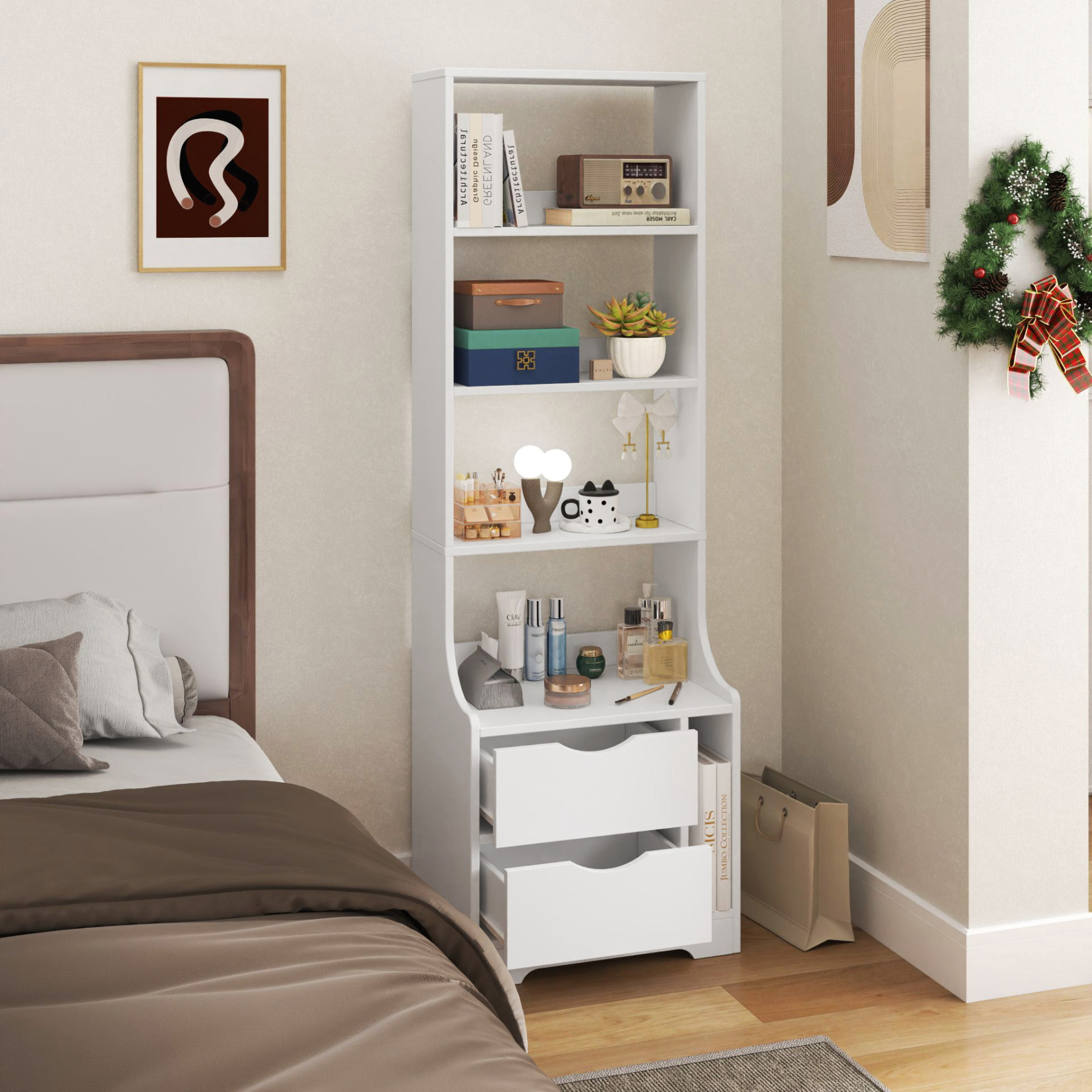 5-Tier Slim Bookshelf with 2 Drawers for Bedroom or Home Office | White Night Stand
