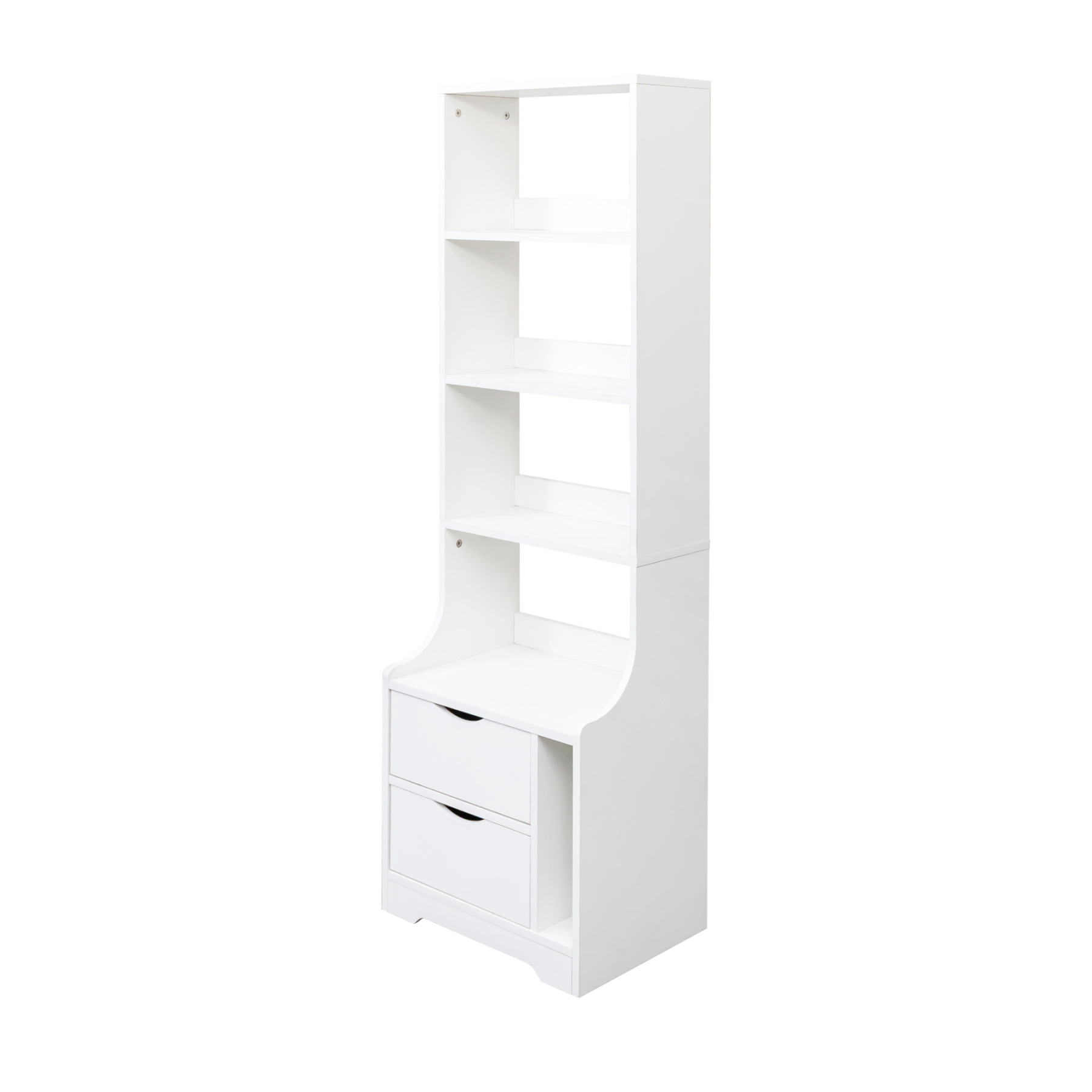 5-Tier Slim Bookshelf with 2 Drawers for Bedroom or Home Office | White Night Stand