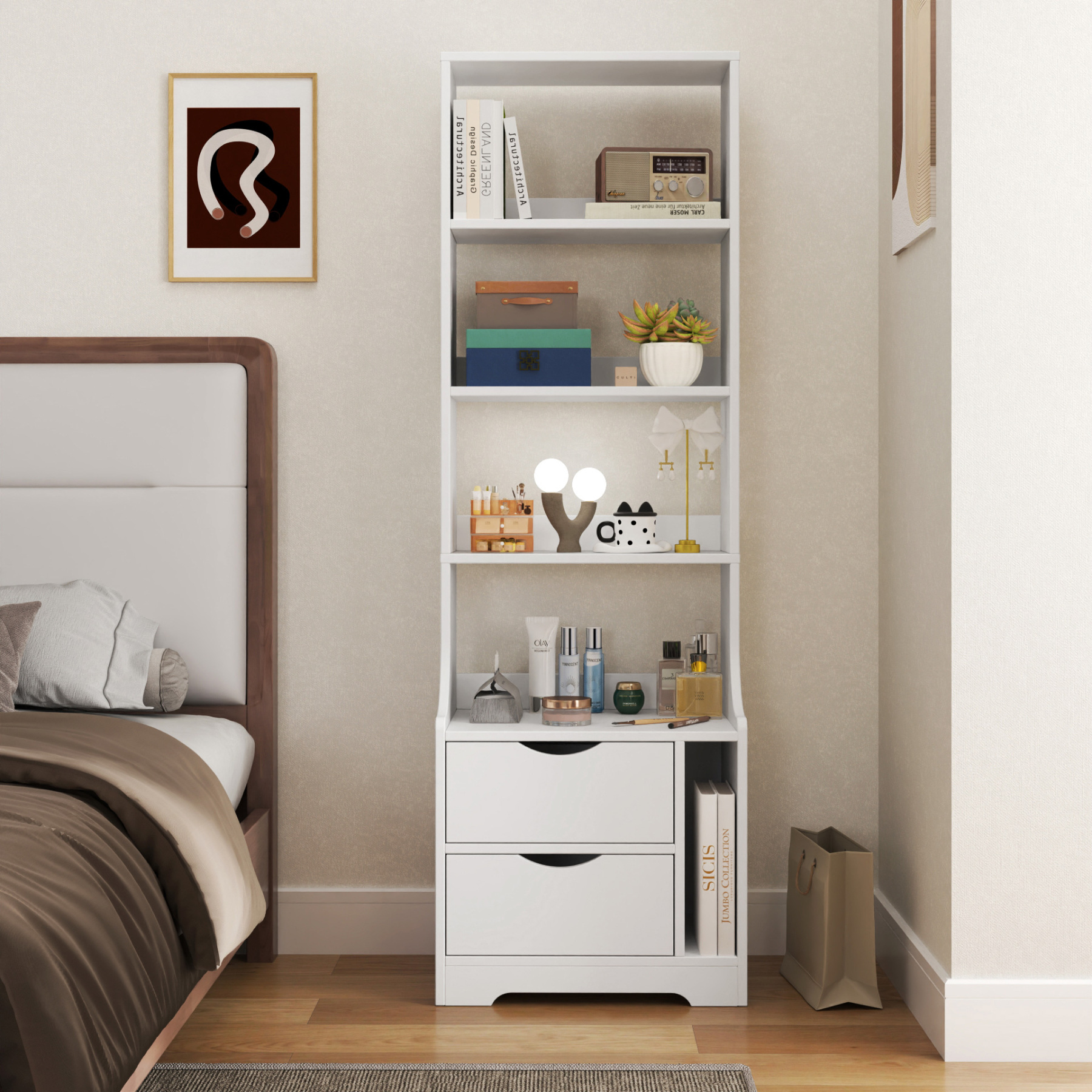 5-Tier Slim Bookshelf with 2 Drawers for Bedroom or Home Office | White Night Stand