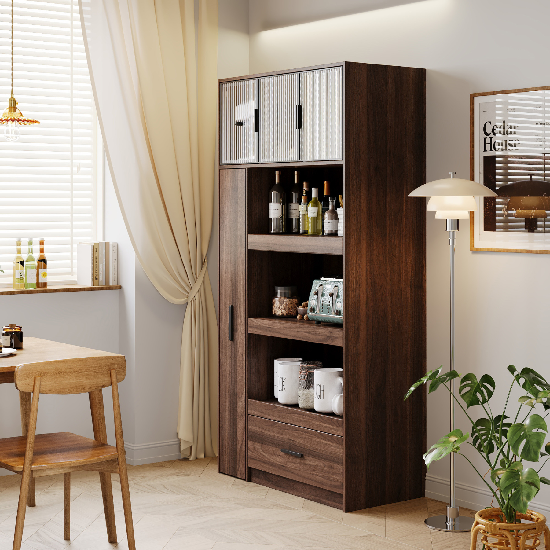 71" Kitchen Pantry Cabinet w/ Pull-Out Storage Shelves, Drawer & Microwave Stand