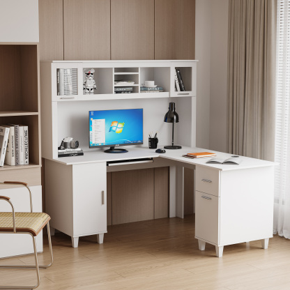 L-Shaped Desk with Hutch & Drawers for Office, 60 L-Shaped Desk with Hutch & Drawers for Office, 60