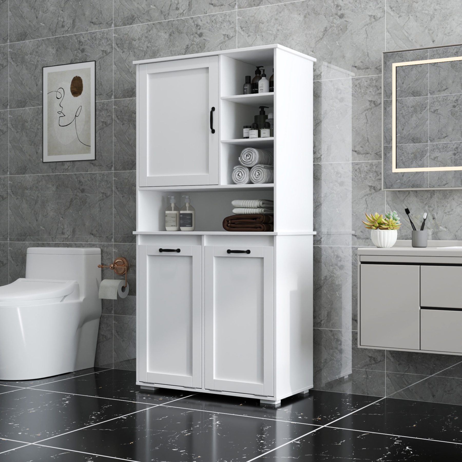 63" Laundry Storage Cabinet with Tilt-Out Hampers & Adjustable Shelves