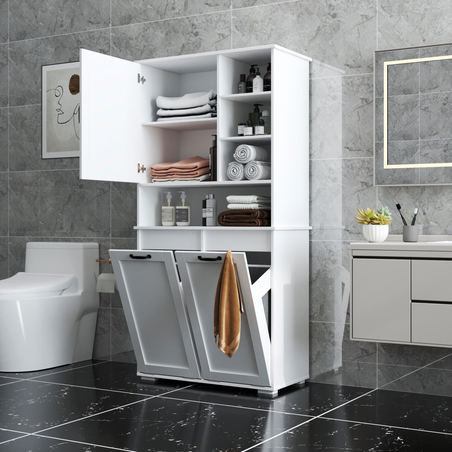 63" Laundry Storage Cabinet with Tilt-Out Hampers & Adjustable Shelves