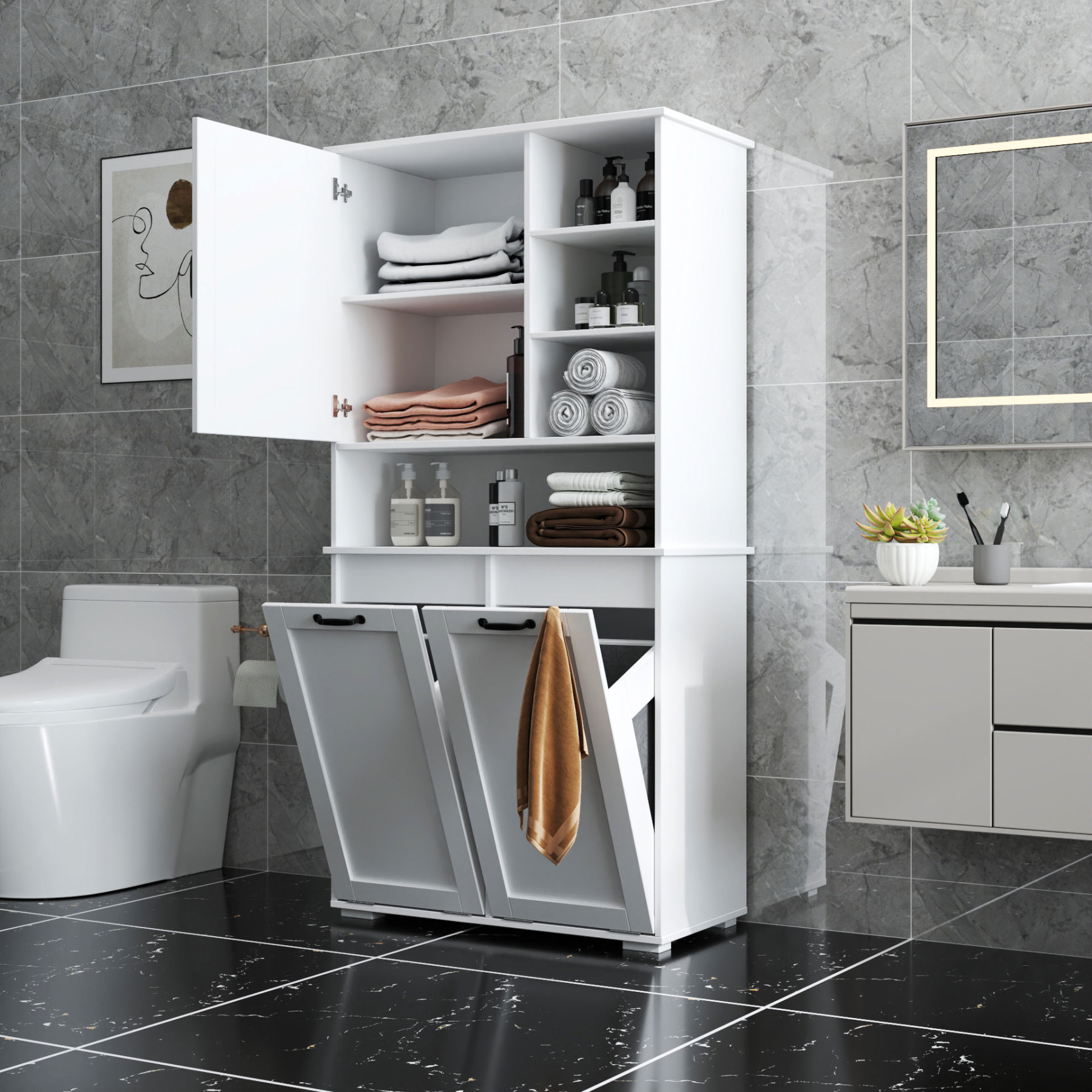 63" Laundry Storage Cabinet with Tilt-Out Hampers & Adjustable Shelves