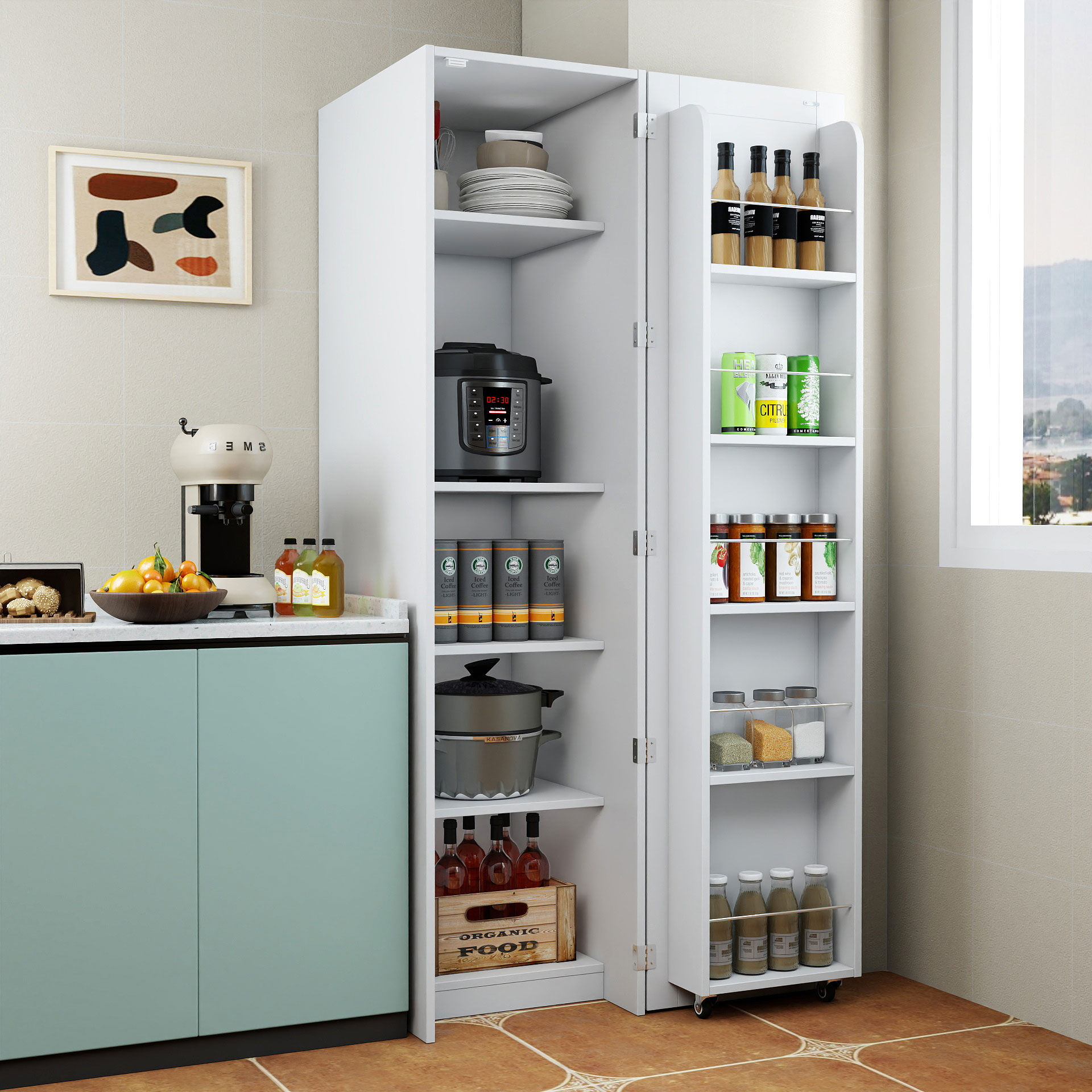 63" Tall Kitchen Pantry Cabinet with Door Shelves & Interior Storage
