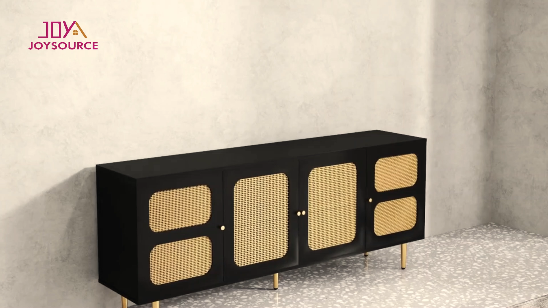 Modern Black Credenza with Rattan Mesh, 71" TV Stand Entertainment Center