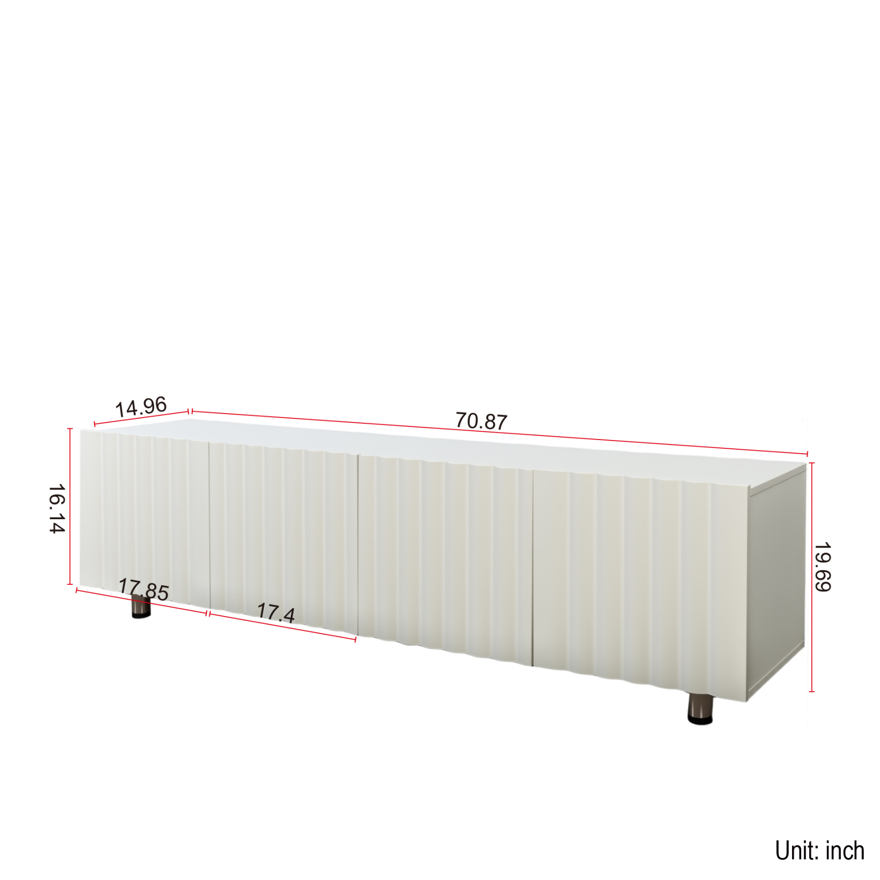 71" Modern White TV Stand with 2 Fluted Cabinet Doors & 2 Drawers