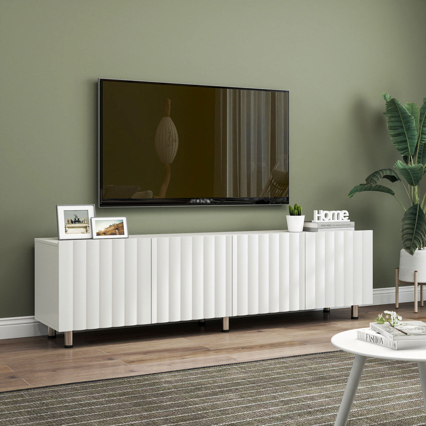 71" Modern White TV Stand with 2 Fluted Cabinet Doors & 2 Drawers
