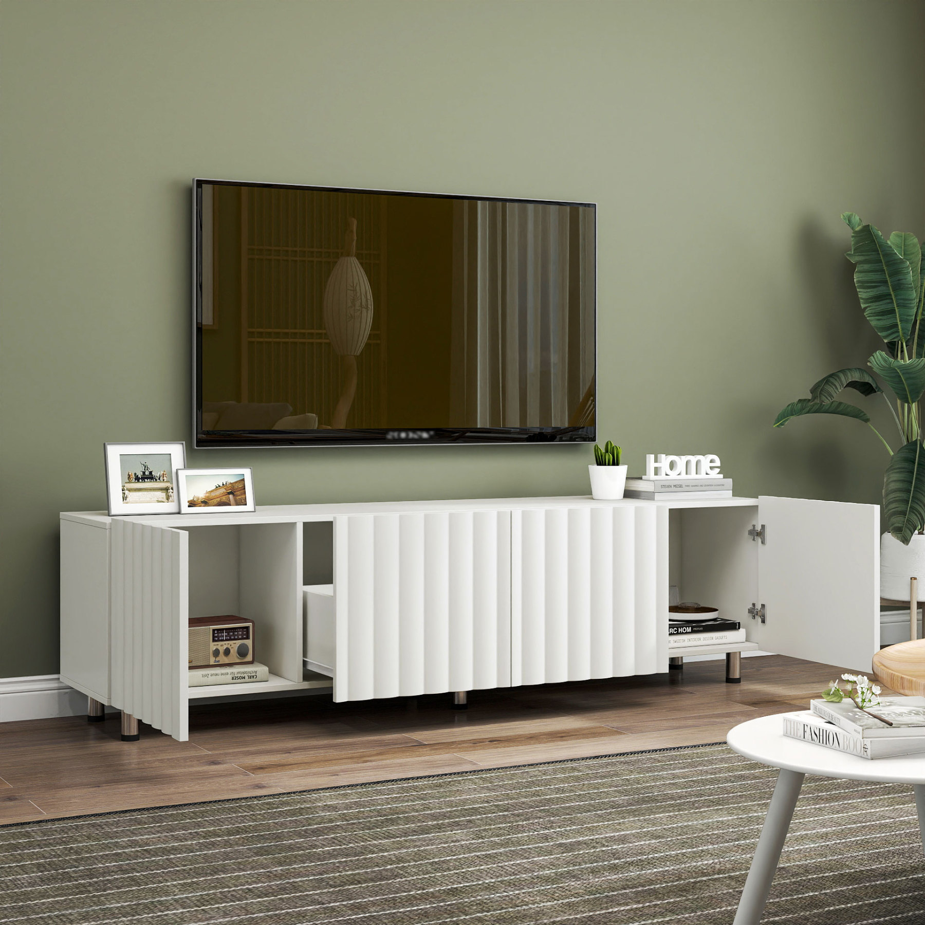 71" Modern White TV Stand with 2 Fluted Cabinet Doors & 2 Drawers