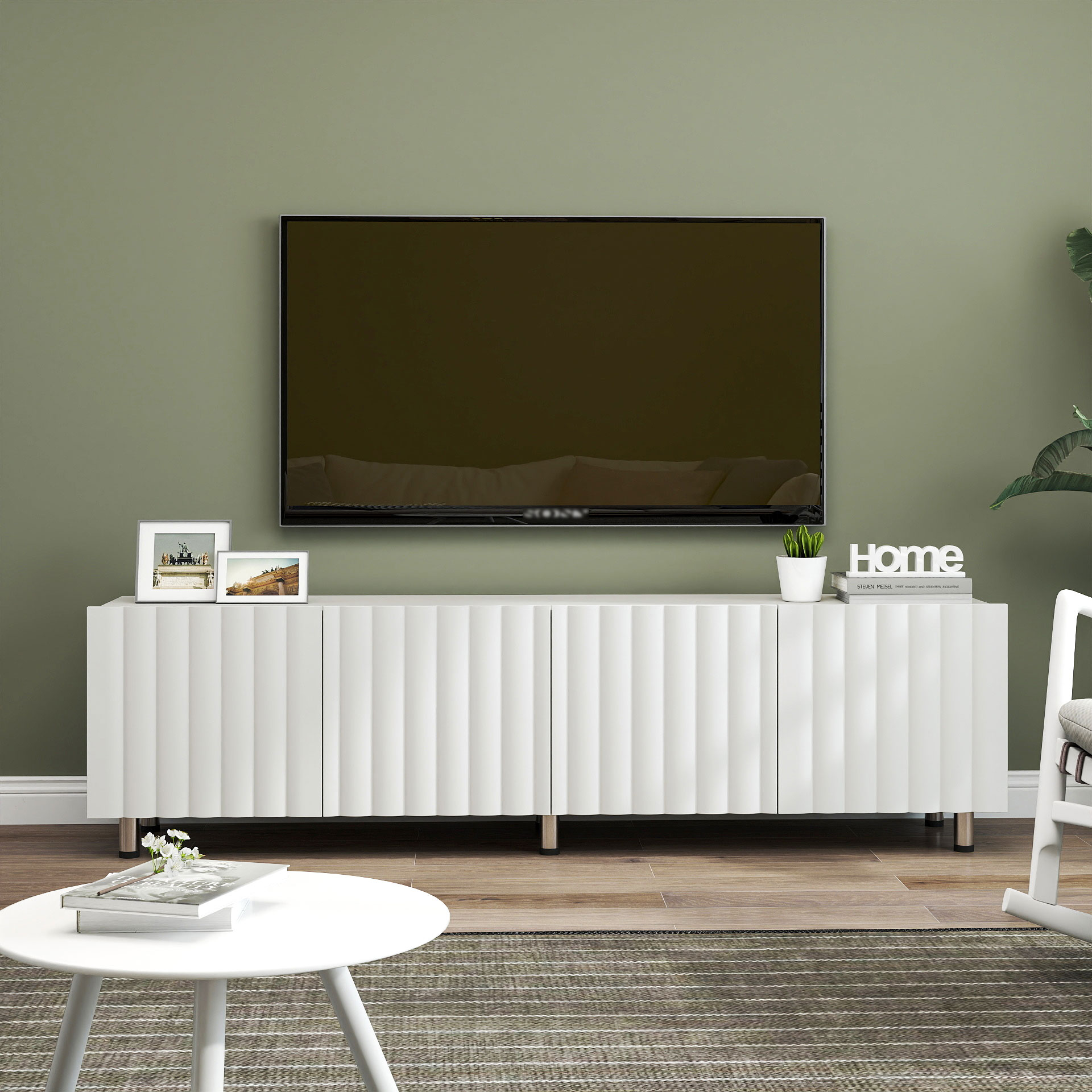 71" Modern White TV Stand with 2 Fluted Cabinet Doors & 2 Drawers
