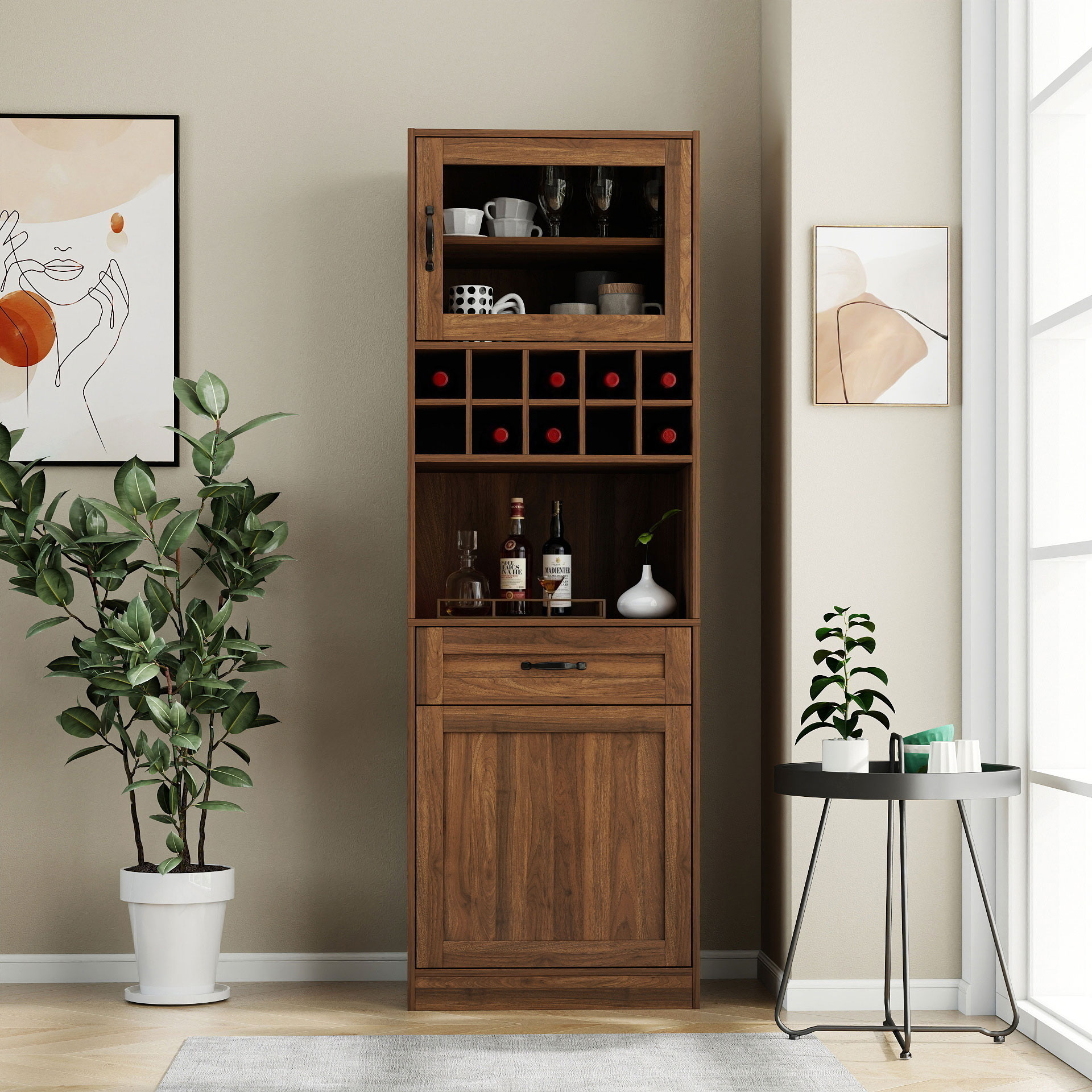 71" Farmhouse Kitchen Pantry Cabinet with Glass Door & Wine Storage