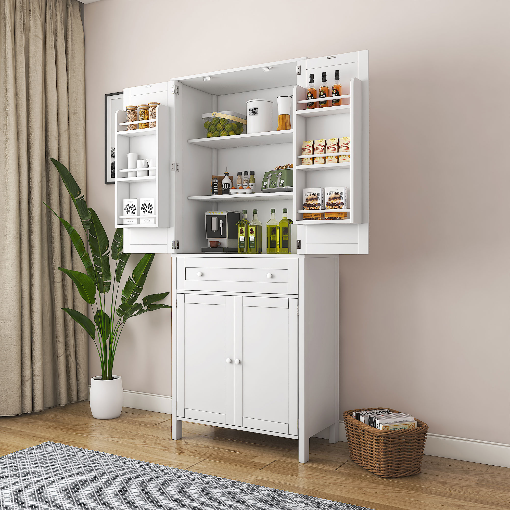 HOMCOM Farmhouse Kitchen Pantry Cabinet With LED Light - 47", 5 Deep Shelves, 12 Door Racks, White, Freestanding Storage With Barn Door
