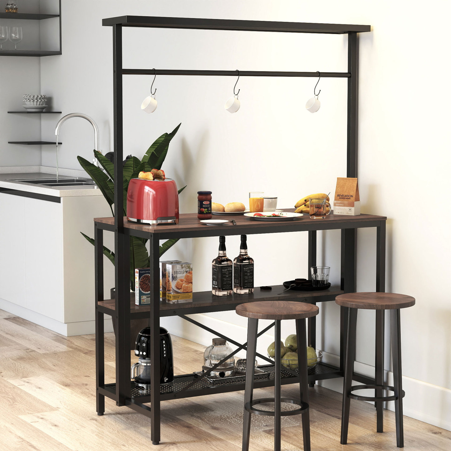 71" Industrial Kitchen Island w/ Storage Shelf & Hanging Rack