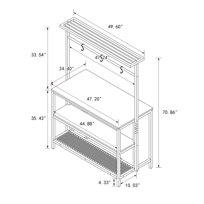 71" Industrial Kitchen Island w/ Storage Shelves & Hanging Rack