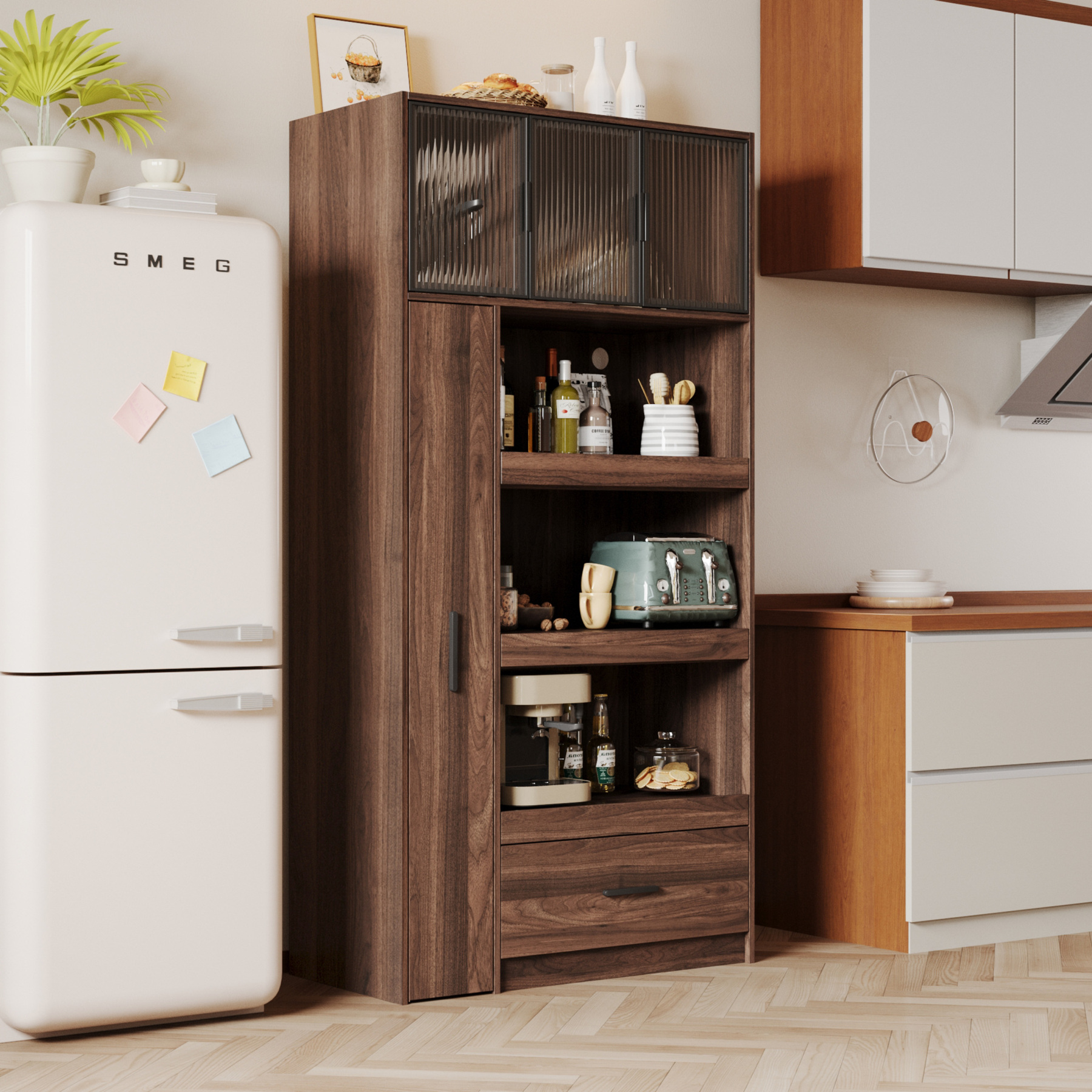 71" Kitchen Pantry Cabinet w/ Pull-Out Storage Shelves, Drawer & Microwave Stand