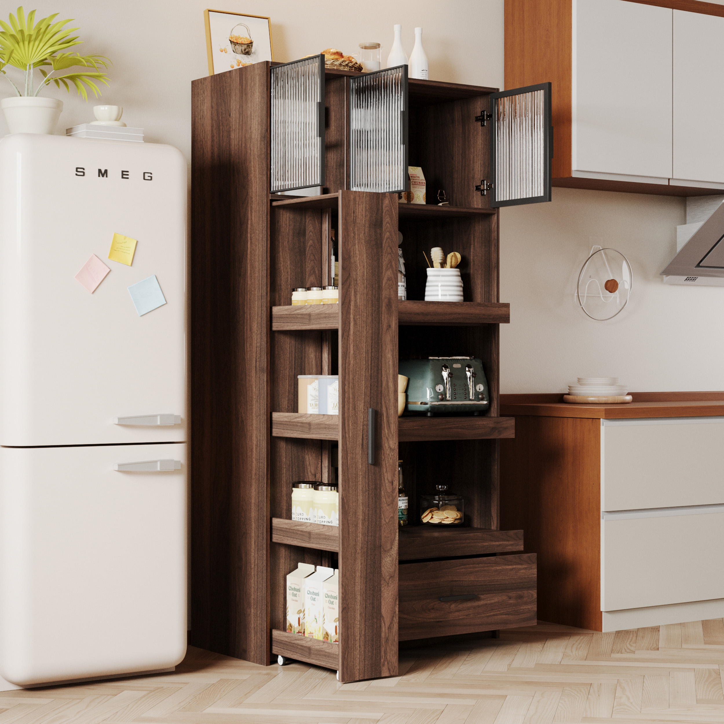 71" Kitchen Pantry Cabinet w/ Pull-Out Storage Shelves, Drawer & Microwave Stand