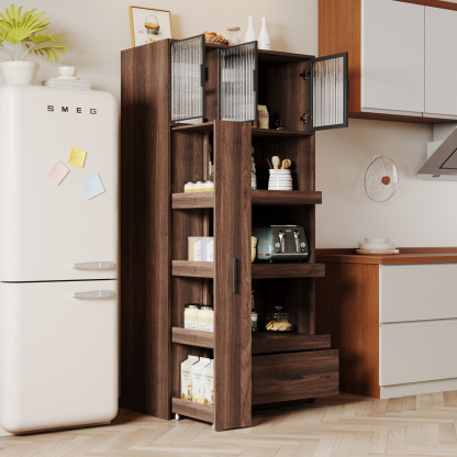 71" Kitchen Pantry Cabinet w/ Pull-Out Storage Shelves, Drawer & Microwave Stand