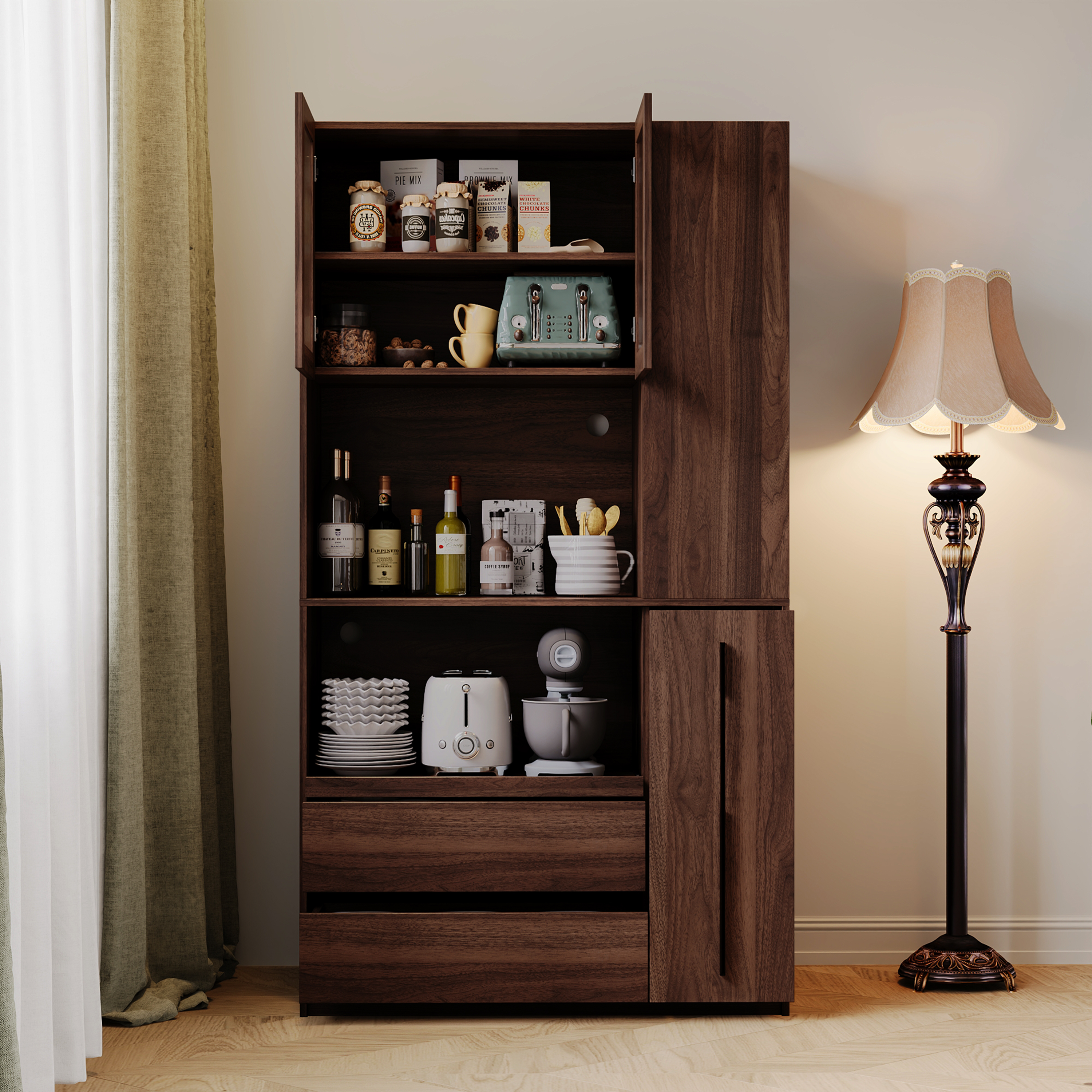 71" Kitchen Pantry Cabinet w/ Pull-out Shelf, 2 Drawers & Versatile Storage