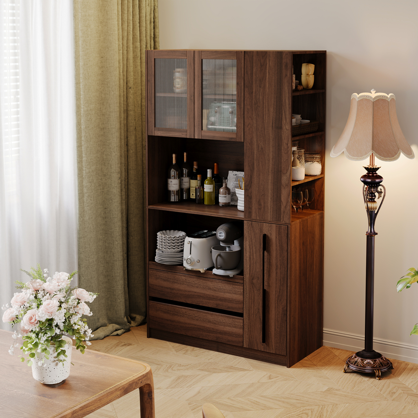 71" Kitchen Pantry Cabinet w/ Pull-out Shelf, 2 Drawers & Versatile Storage