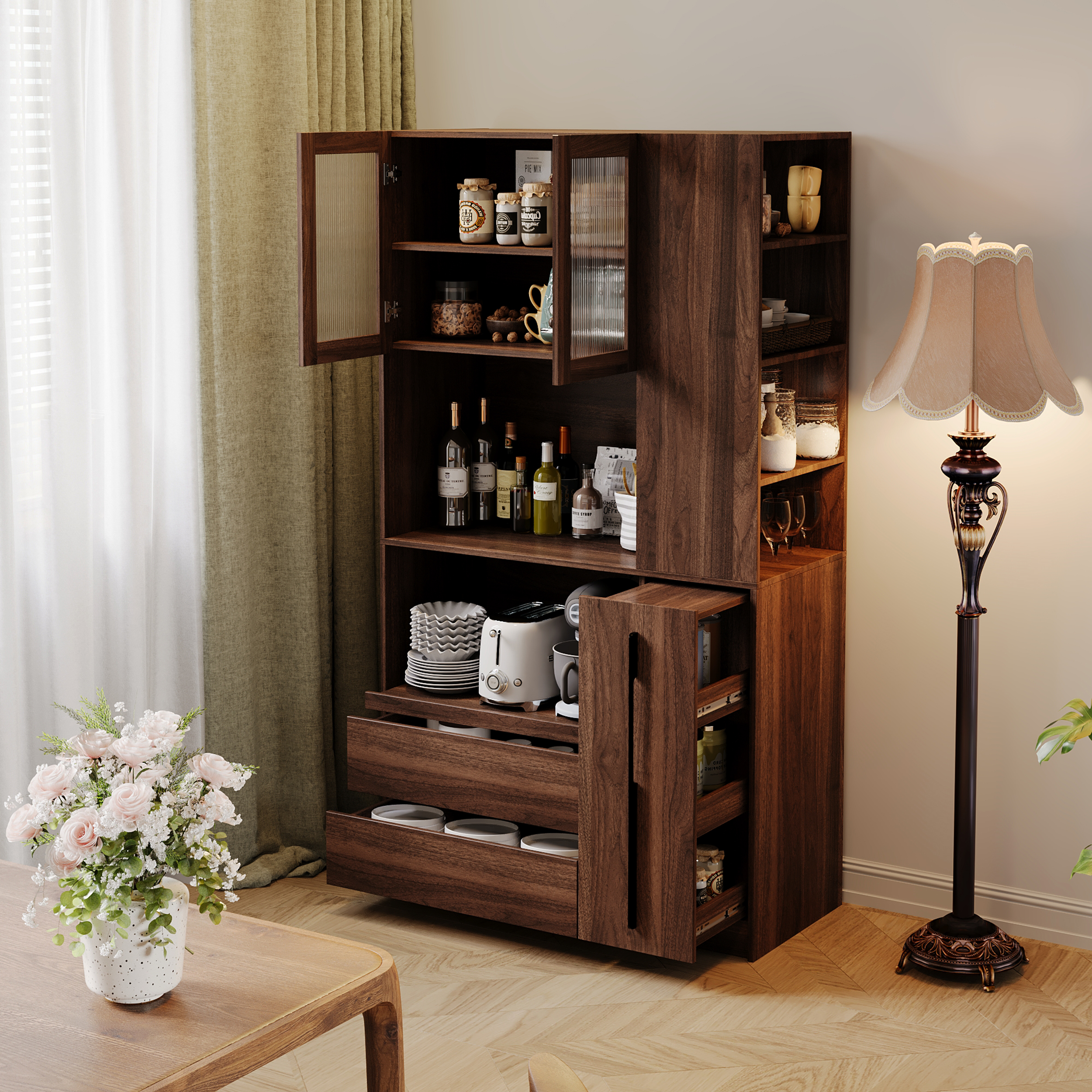 71" Kitchen Pantry Cabinet w/ Pull-out Shelf, 2 Drawers & Versatile Storage