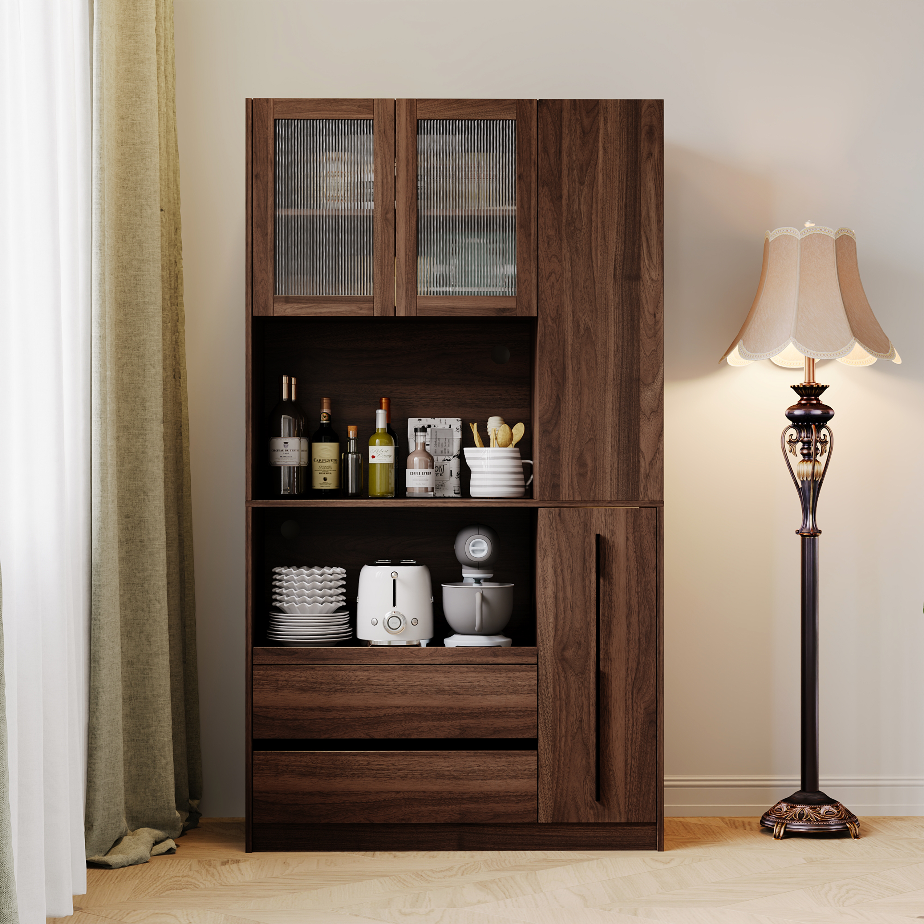 71" Kitchen Pantry Cabinet w/ Pull-out Shelf, 2 Drawers & Versatile Storage