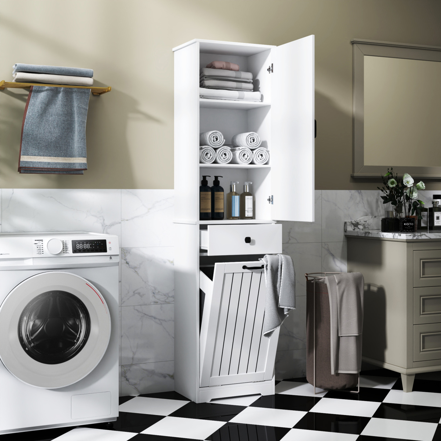 71" Laundry Cabinet with Tilt-Out Hamper, Adjustable Shelves & Drawer, White