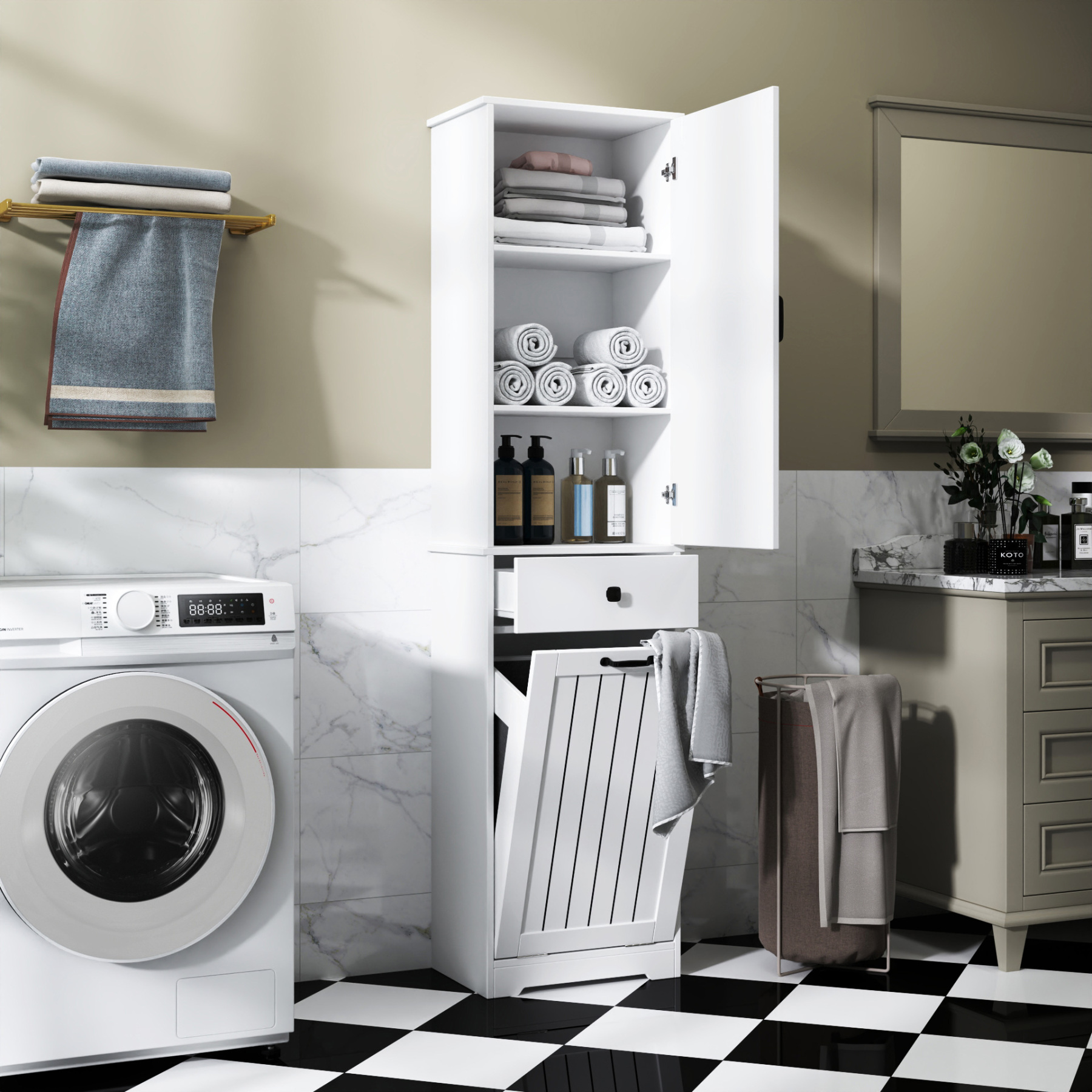 71" Laundry Cabinet with Tilt-Out Hamper, Adjustable Shelves & Drawer, White